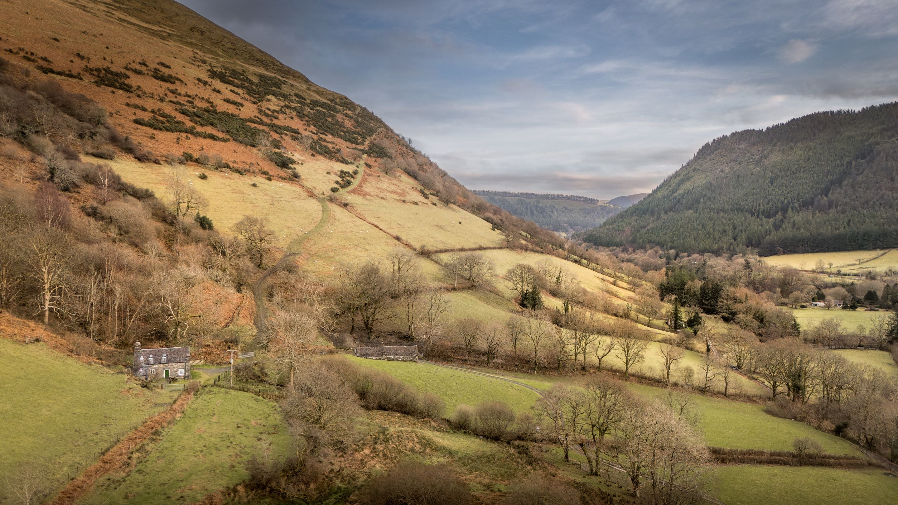 An aerial view of Fron Dirion and the surrounding valley, Powys