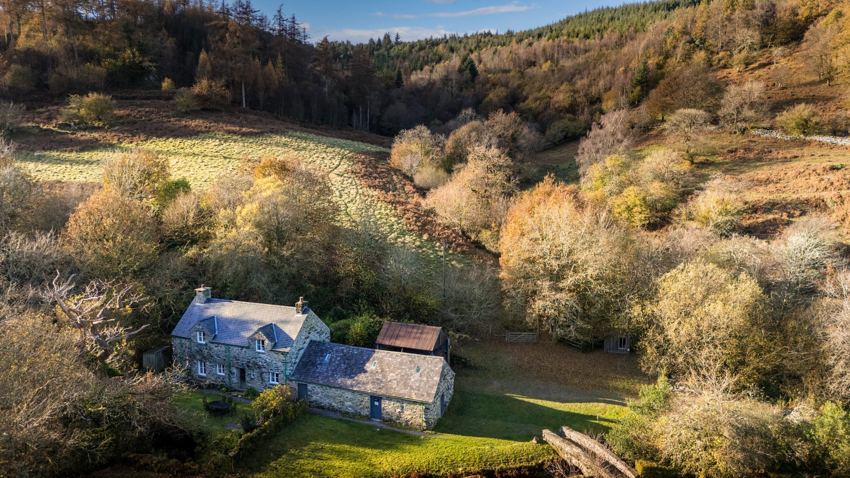 An aerial view of Glan yr Afon and its open garden, Gwynedd