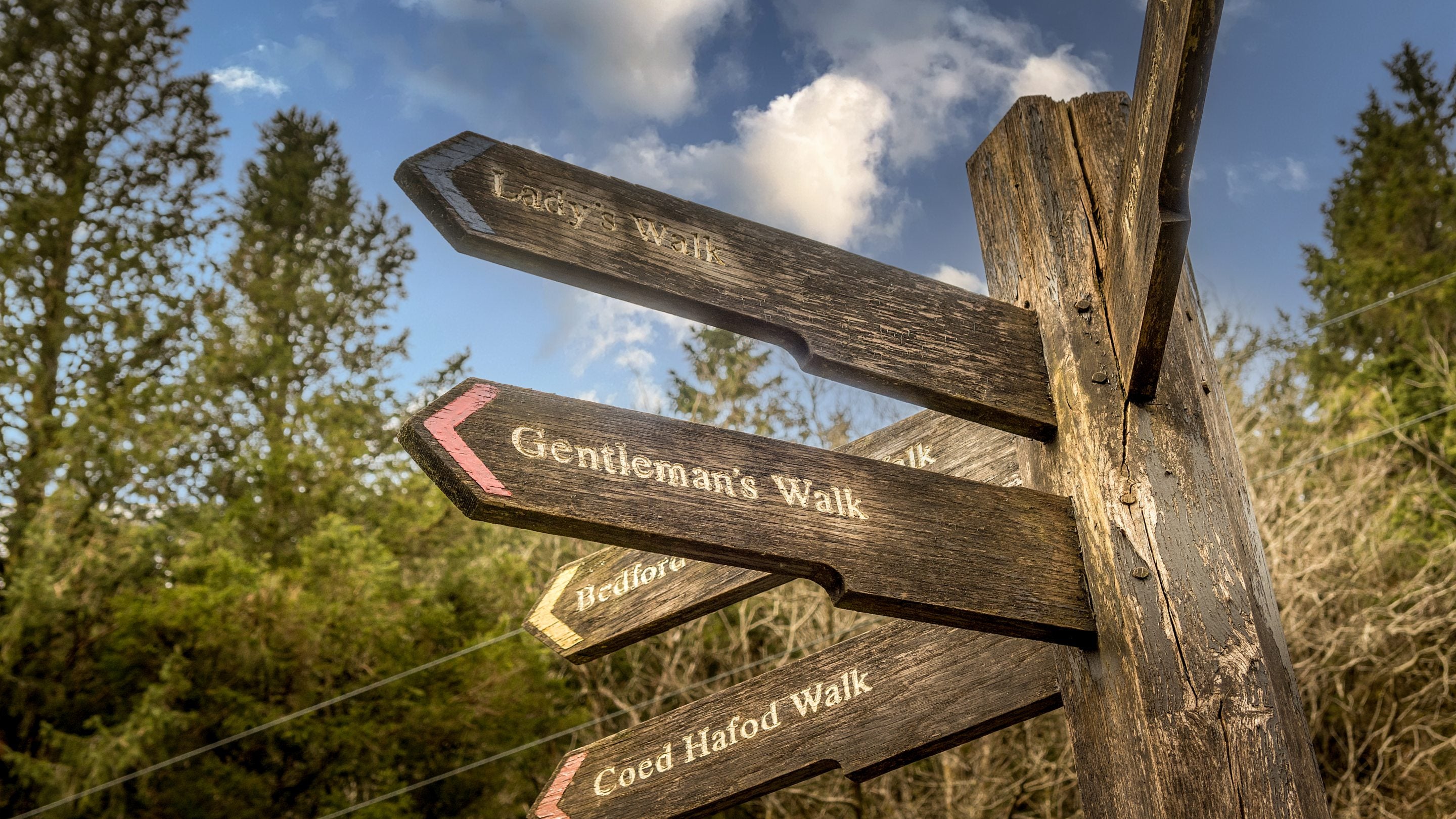 A signpost for walks on the Hafod Estate, home to Hawthorn Cottage, Ceredigion