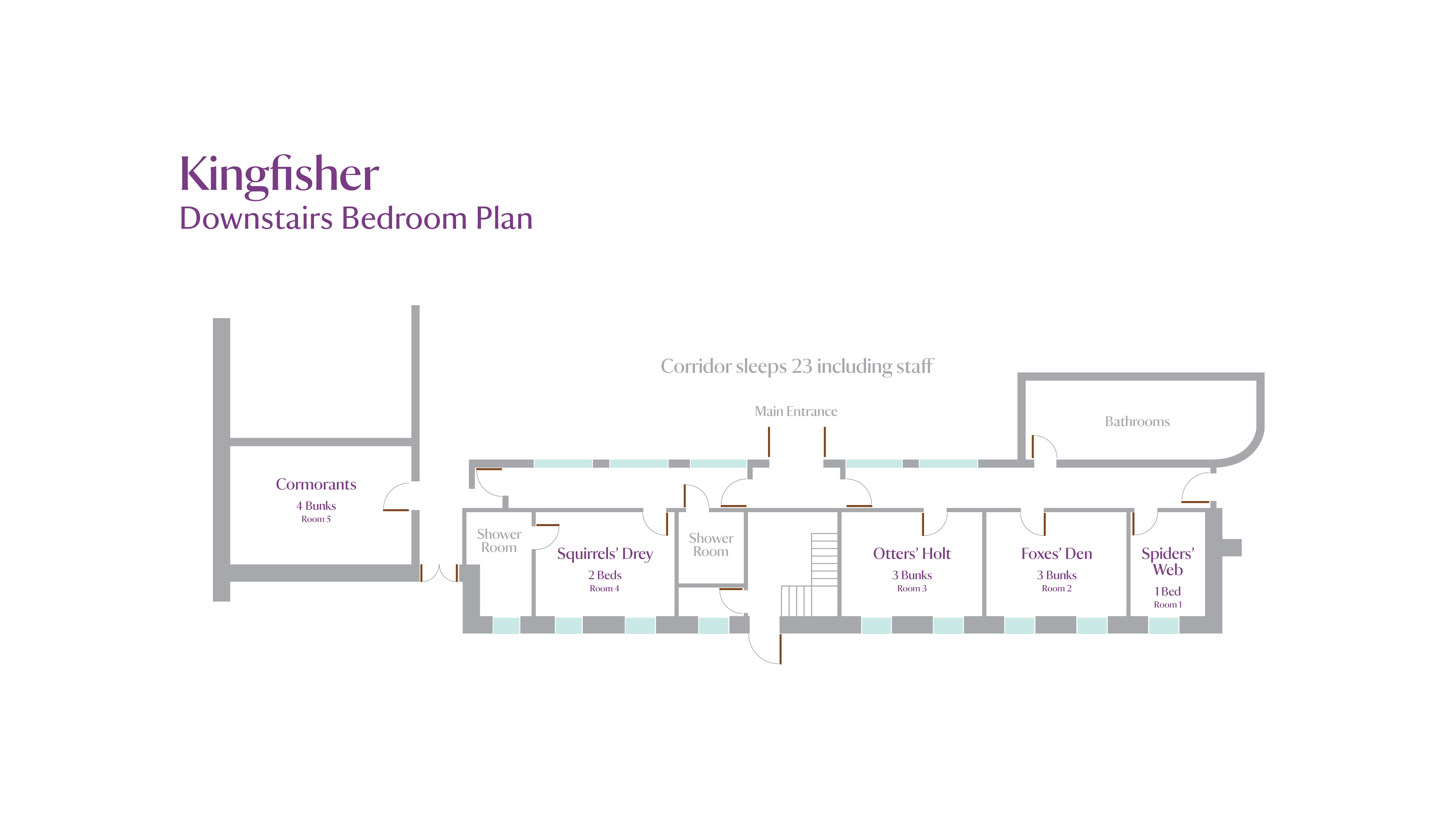 The ground floor plan for Kingfisher Bunkhouse