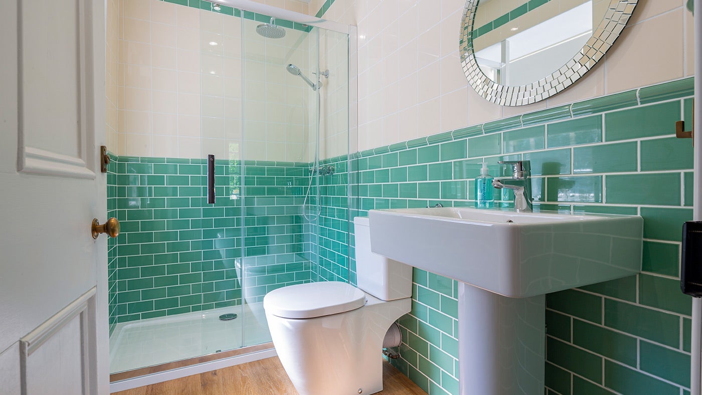 The ensuite shower room at Llanborth Farmhouse, Llandysul