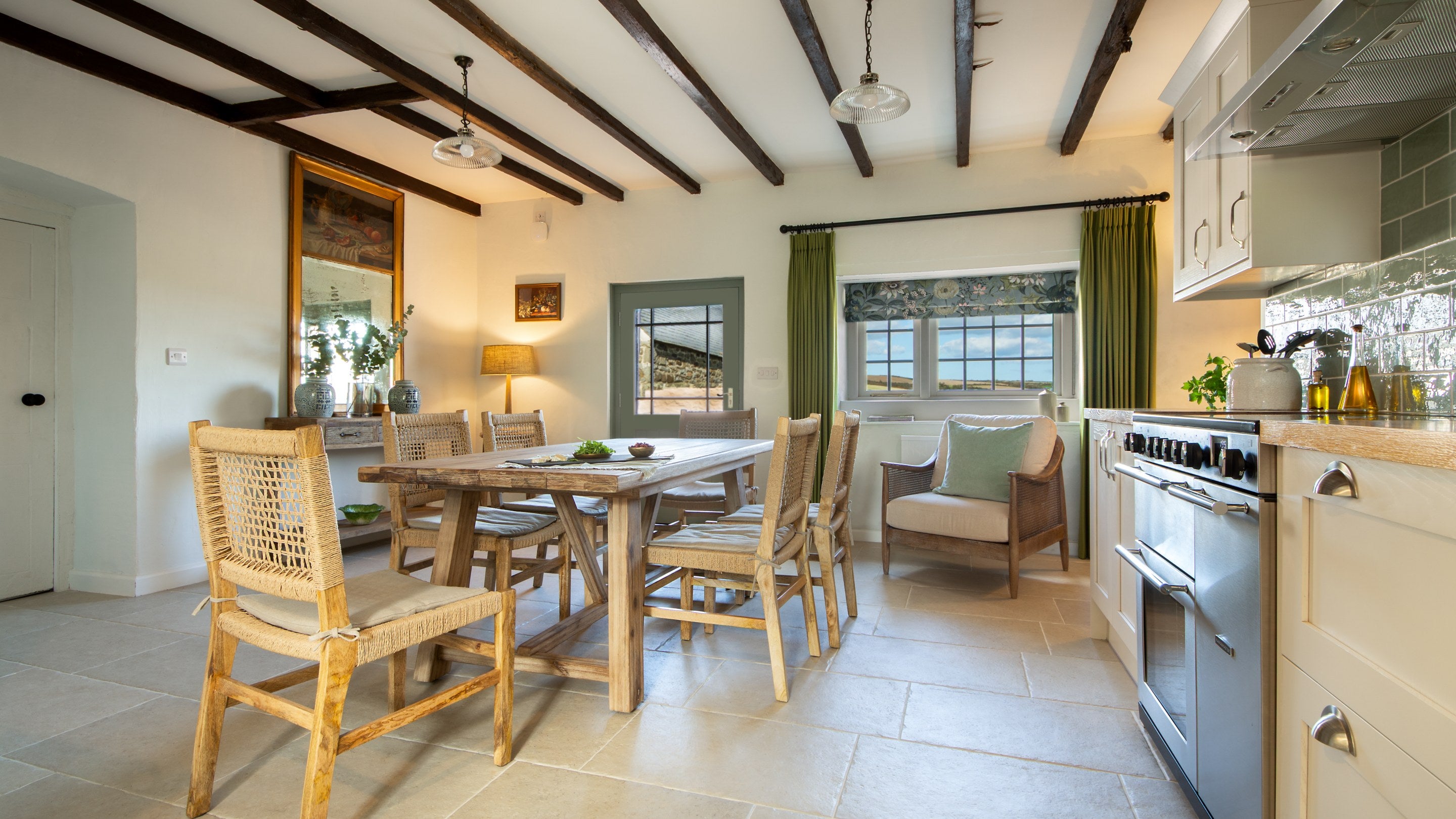 The kitchen with table for six at Newgale Wood Farm, Pembrokeshire