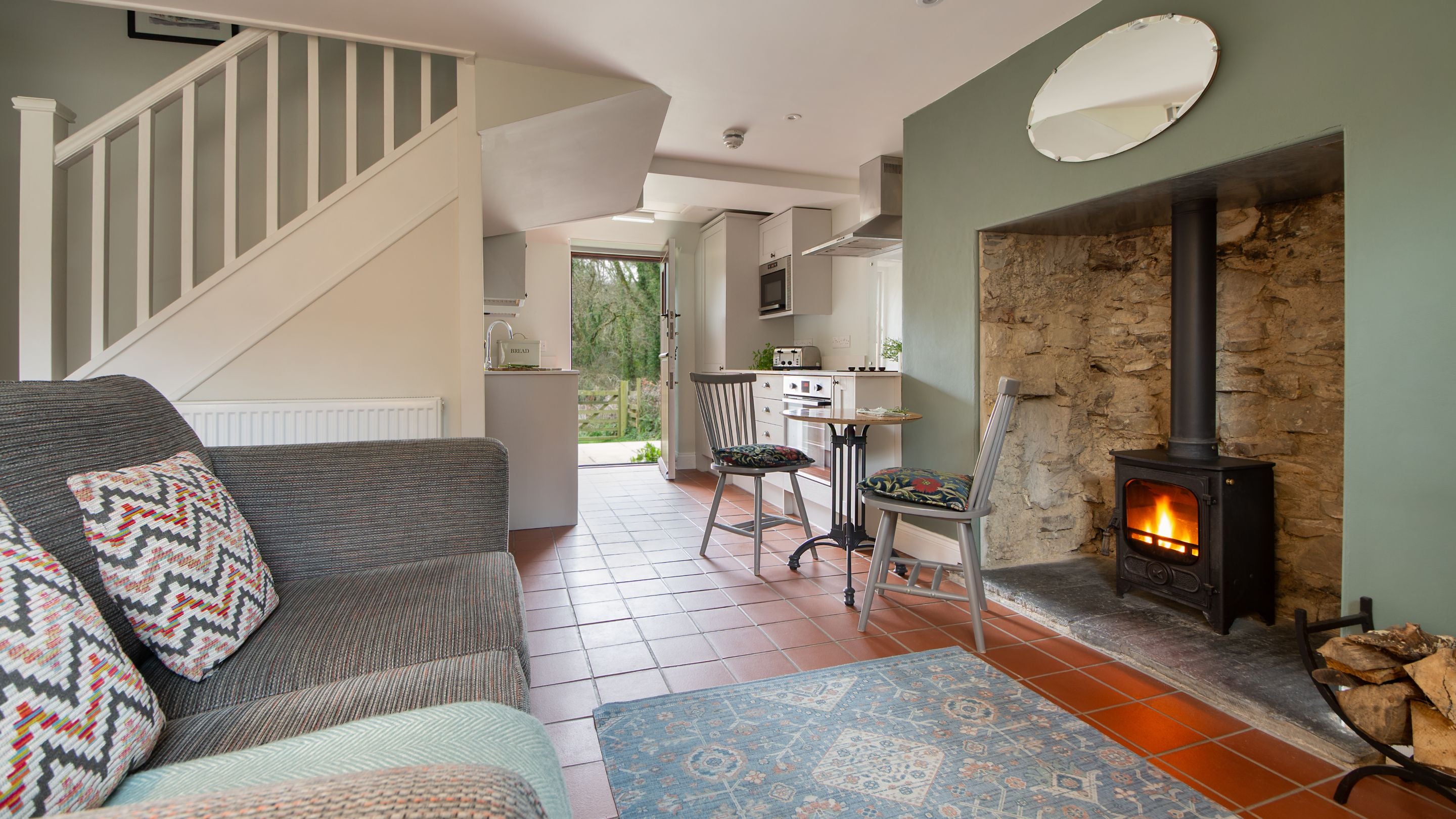 The open-plan living space at Penbryn Cottage, Ceredigion