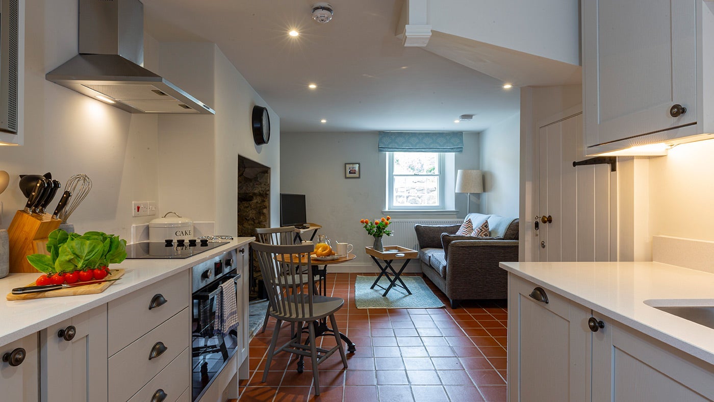 The open plan kitchen, dining room and sitting room at Penbryn Cottage, Llandysul