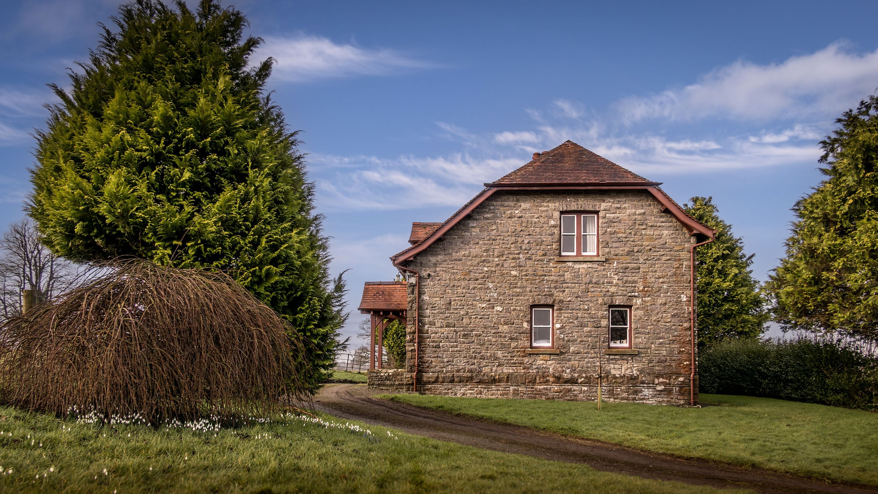 The side of Penparc and part of the garden with lawn and trees, Carmarthenshire