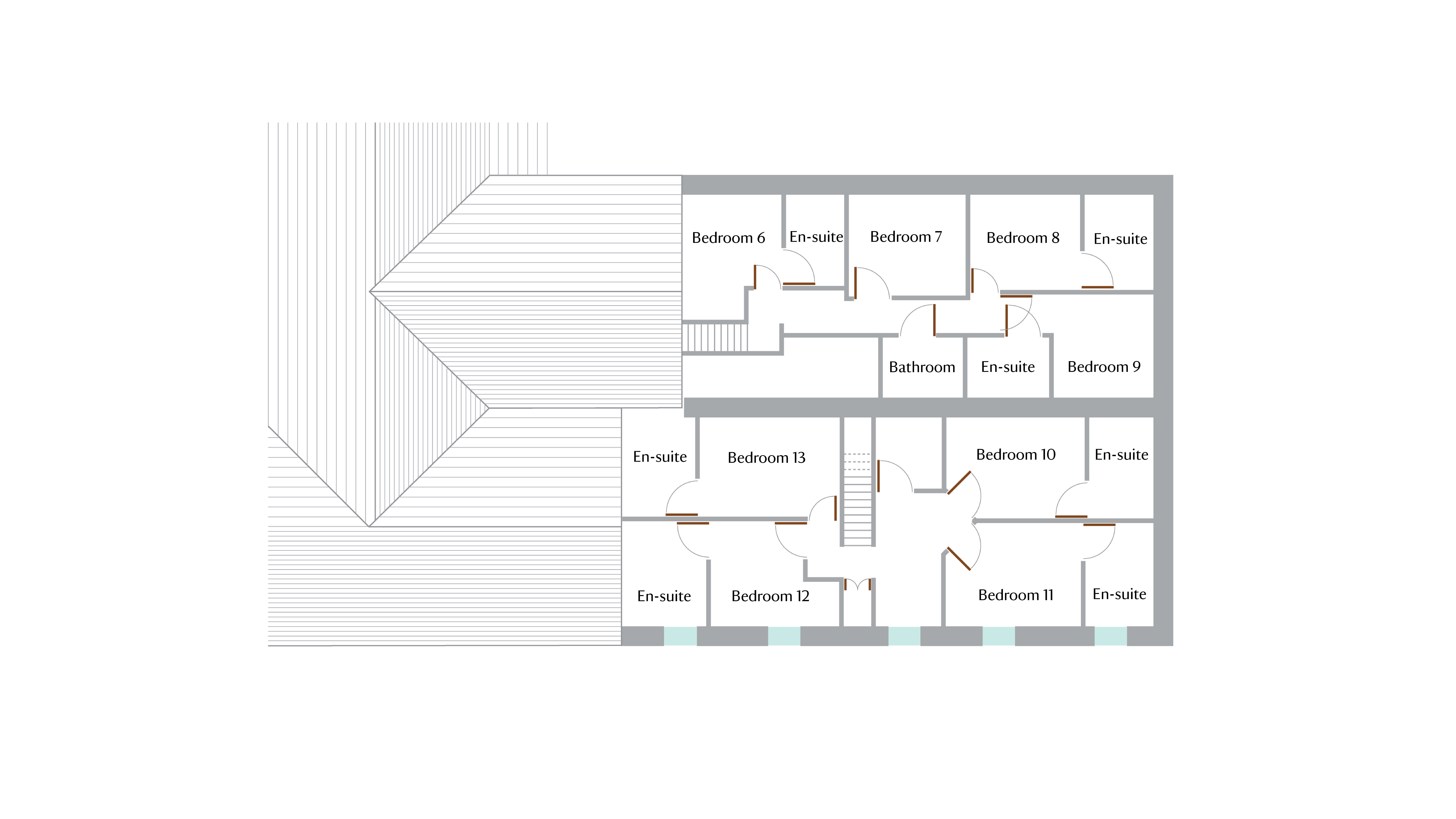 The first floor plan for Swan Group House, showing seven bedrooms with en-suites, another bedroom and a bathroom.