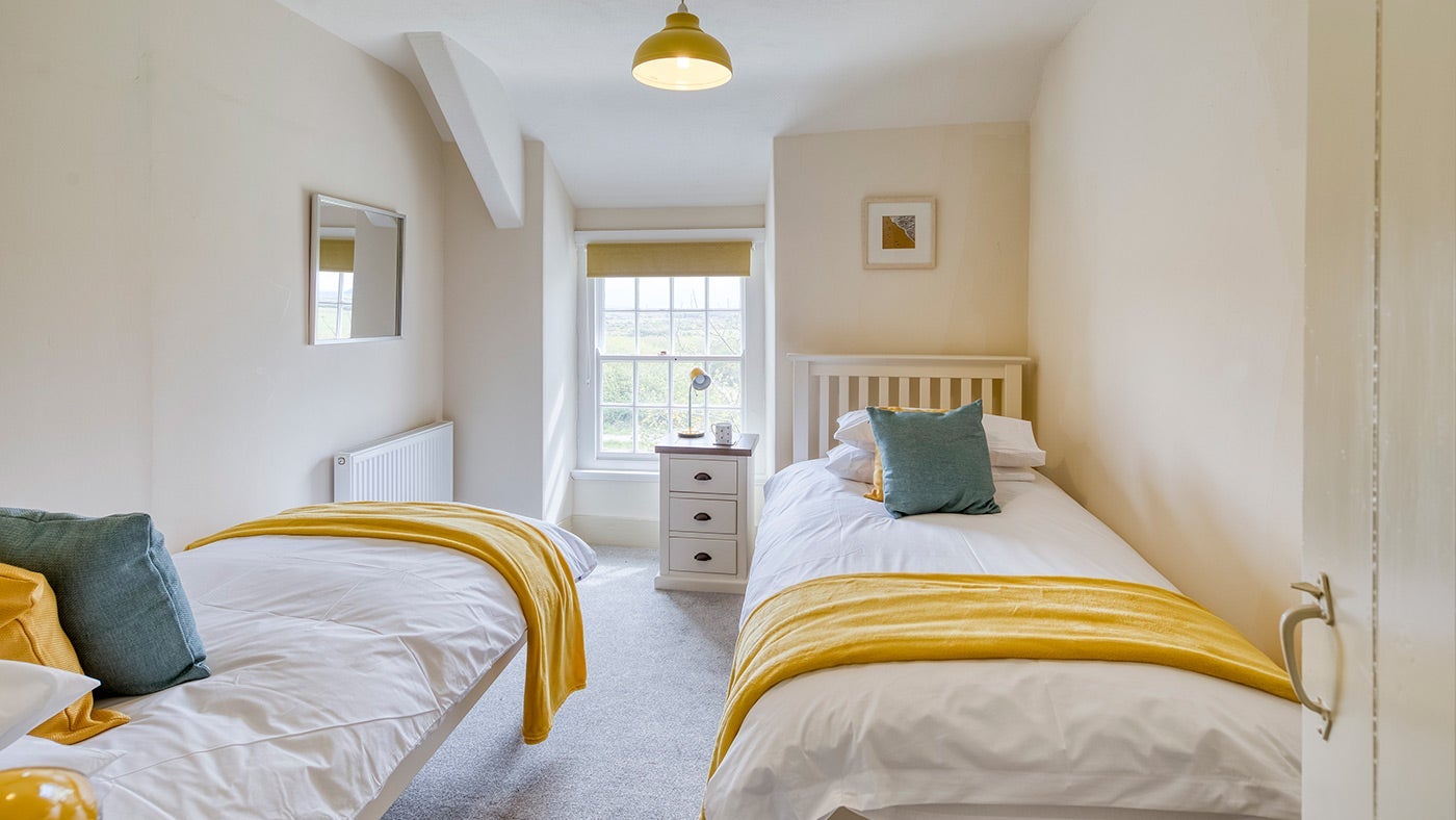 The first twin bedroom at Tyn y Parc Farmhouse, Gwynedd, Wales