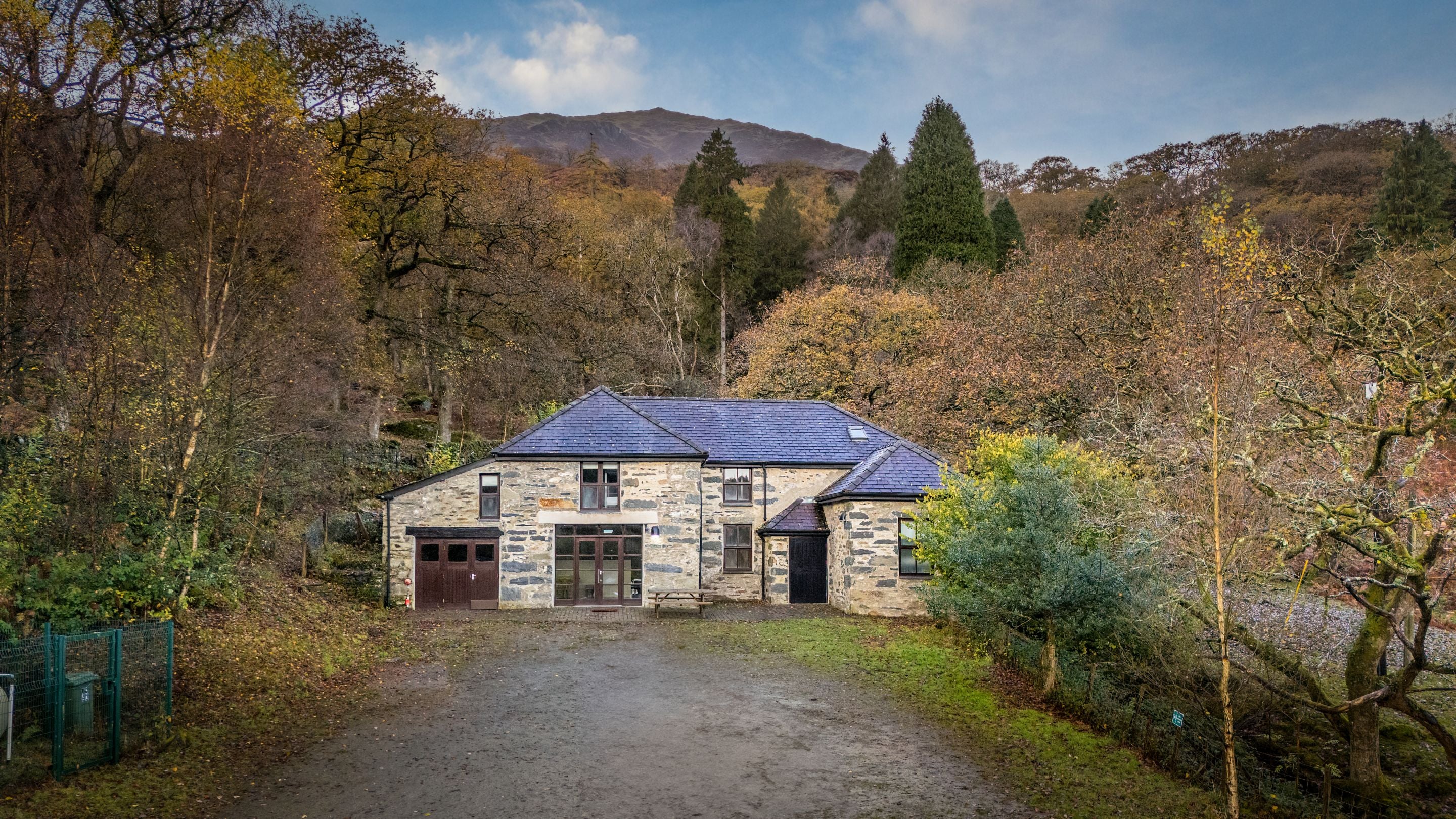 An aerial view of the front of Watkin Bunkhouse, Gwynedd