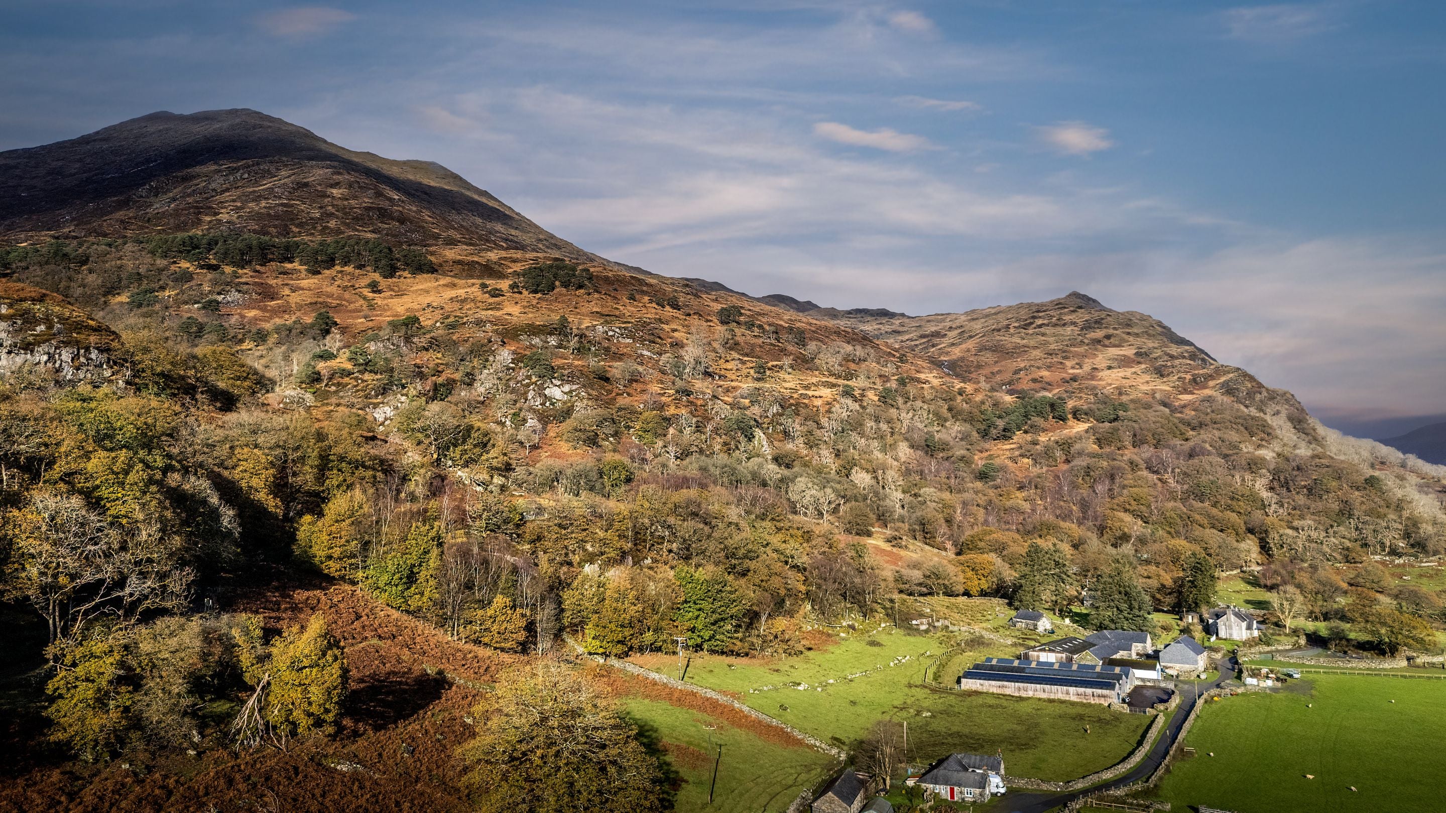 An aerial view of the Yr Wyddfa (Snowdon) range near Watkin Bunkhouse, Gwynedd