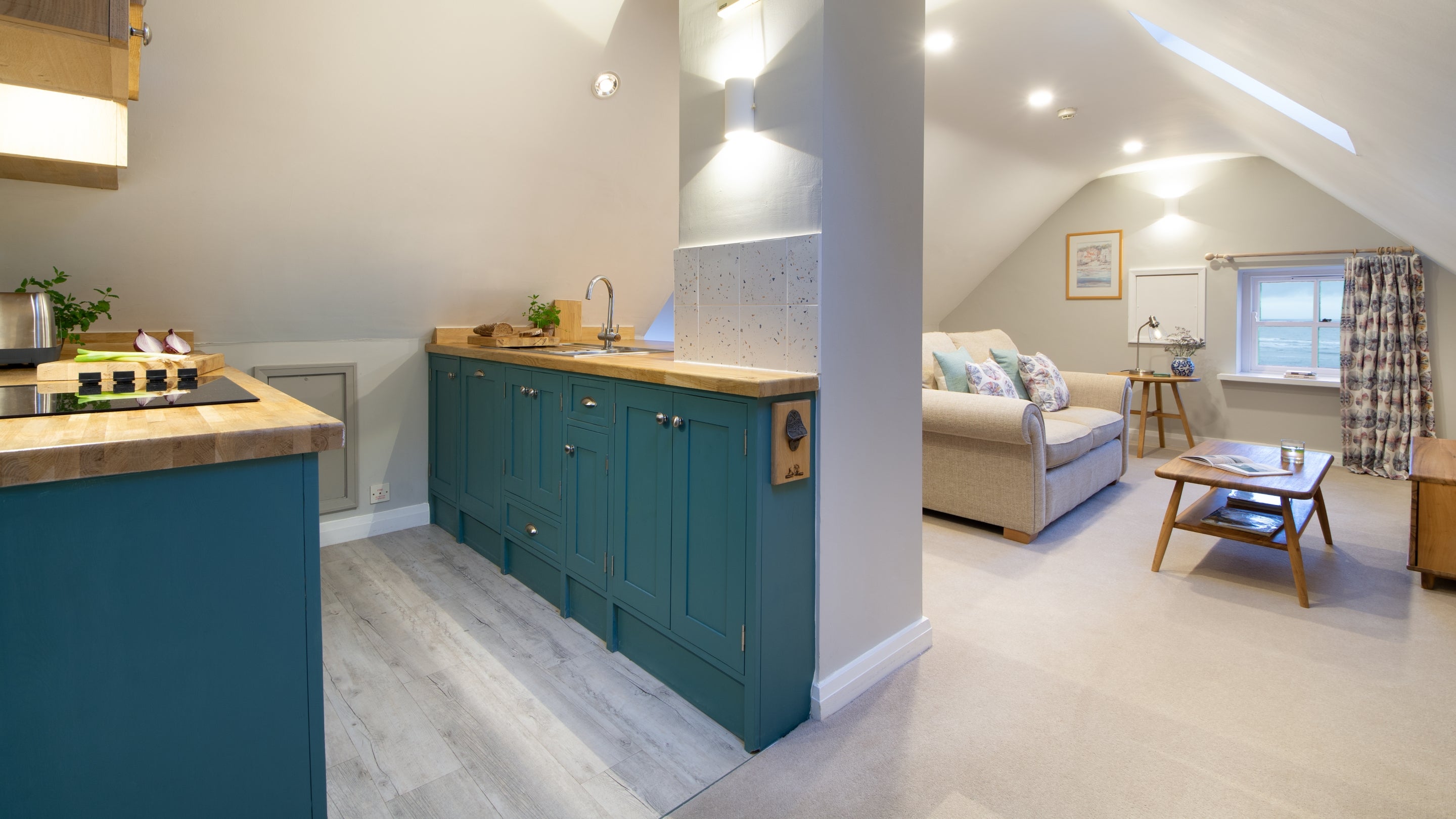 The open-plan kitchen, sitting and dining room at Boatman's Loft, Yorkshire