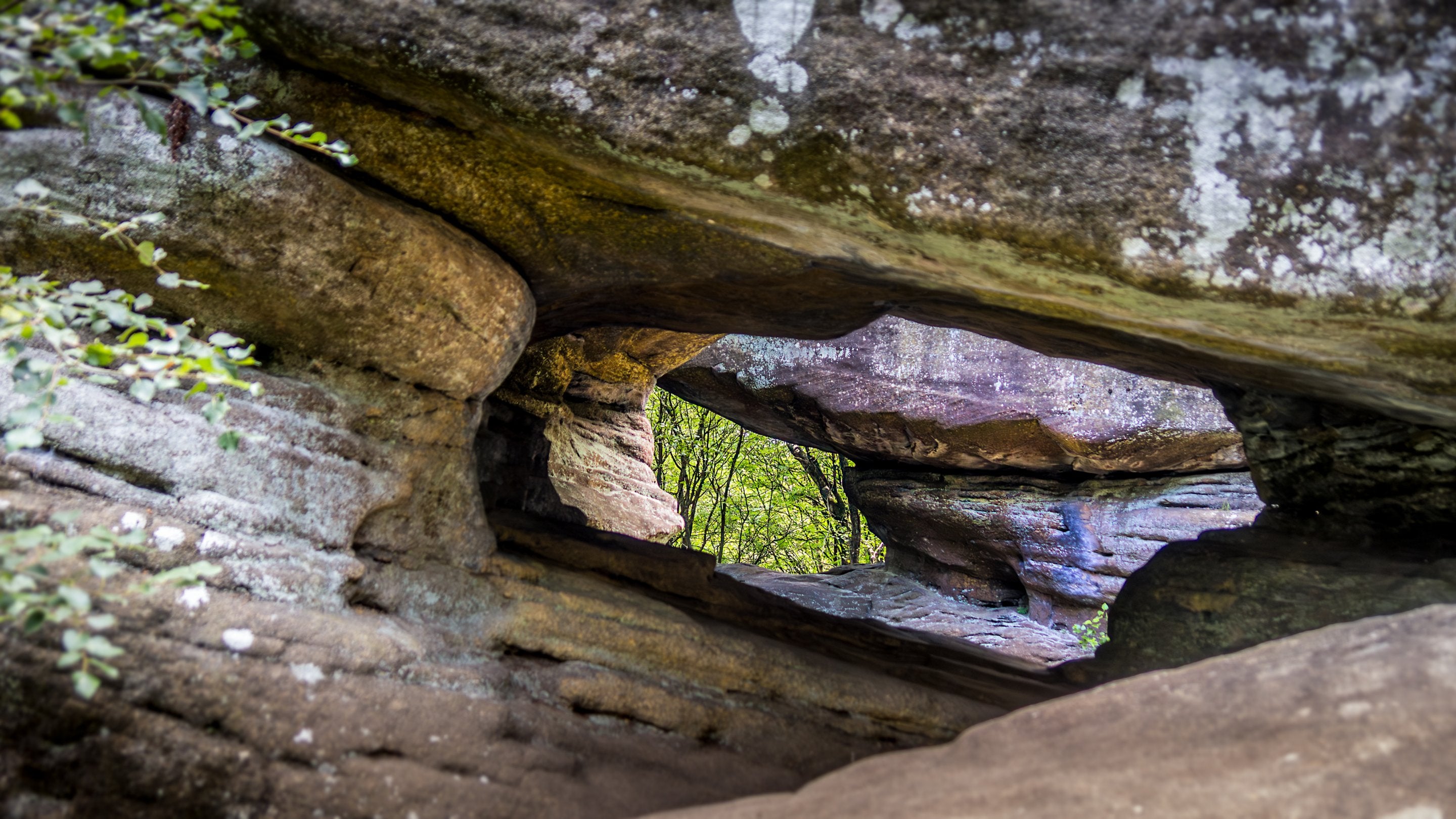 Close up of a hole through one of the rocks at Brimham Rocks, with a view of other formations beyond, North Yorkshire