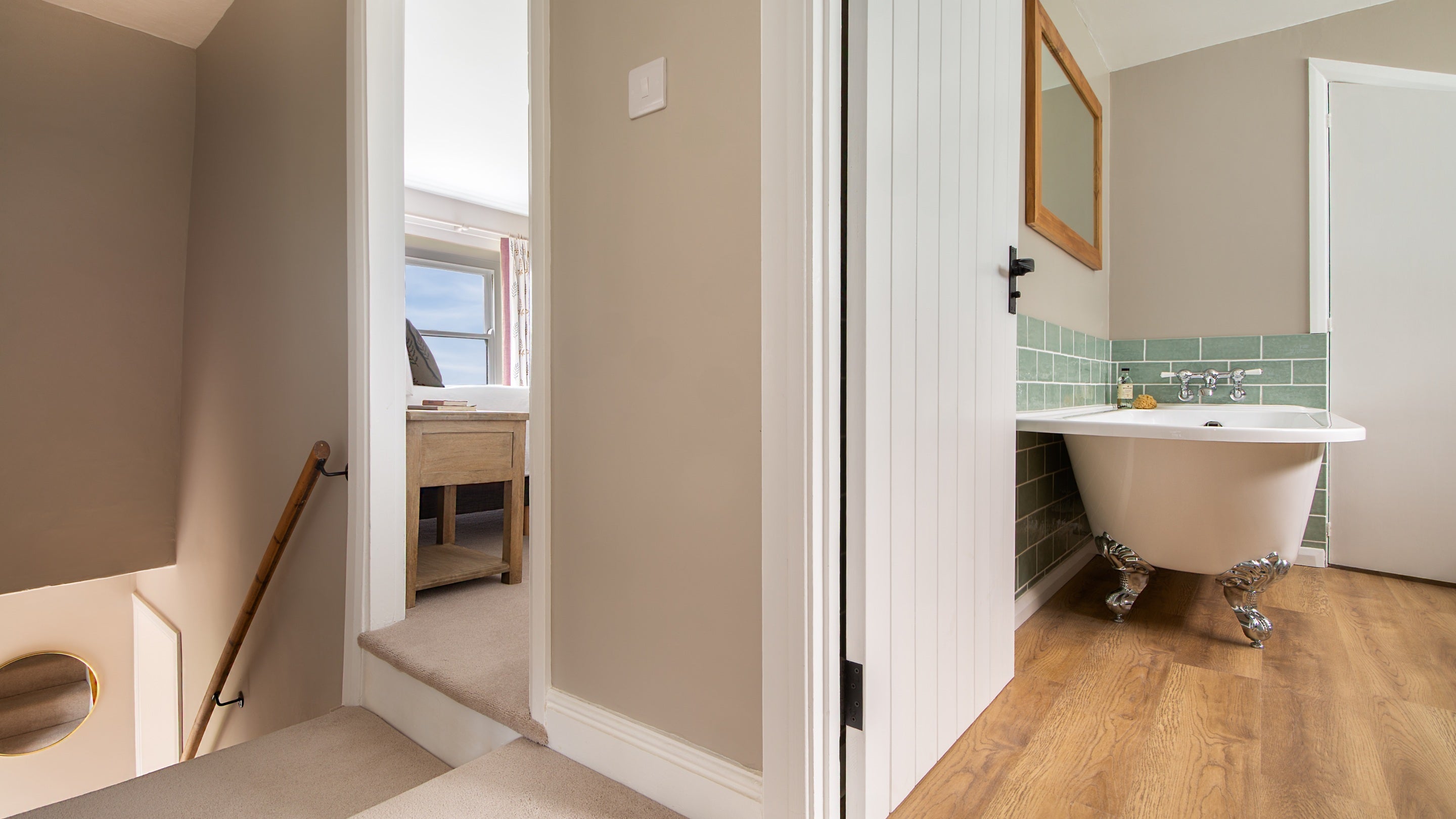 The landing on the first floor of Druid's Cave Farmhouse, looking into the double bedroom and bathroom, North Yorkshire