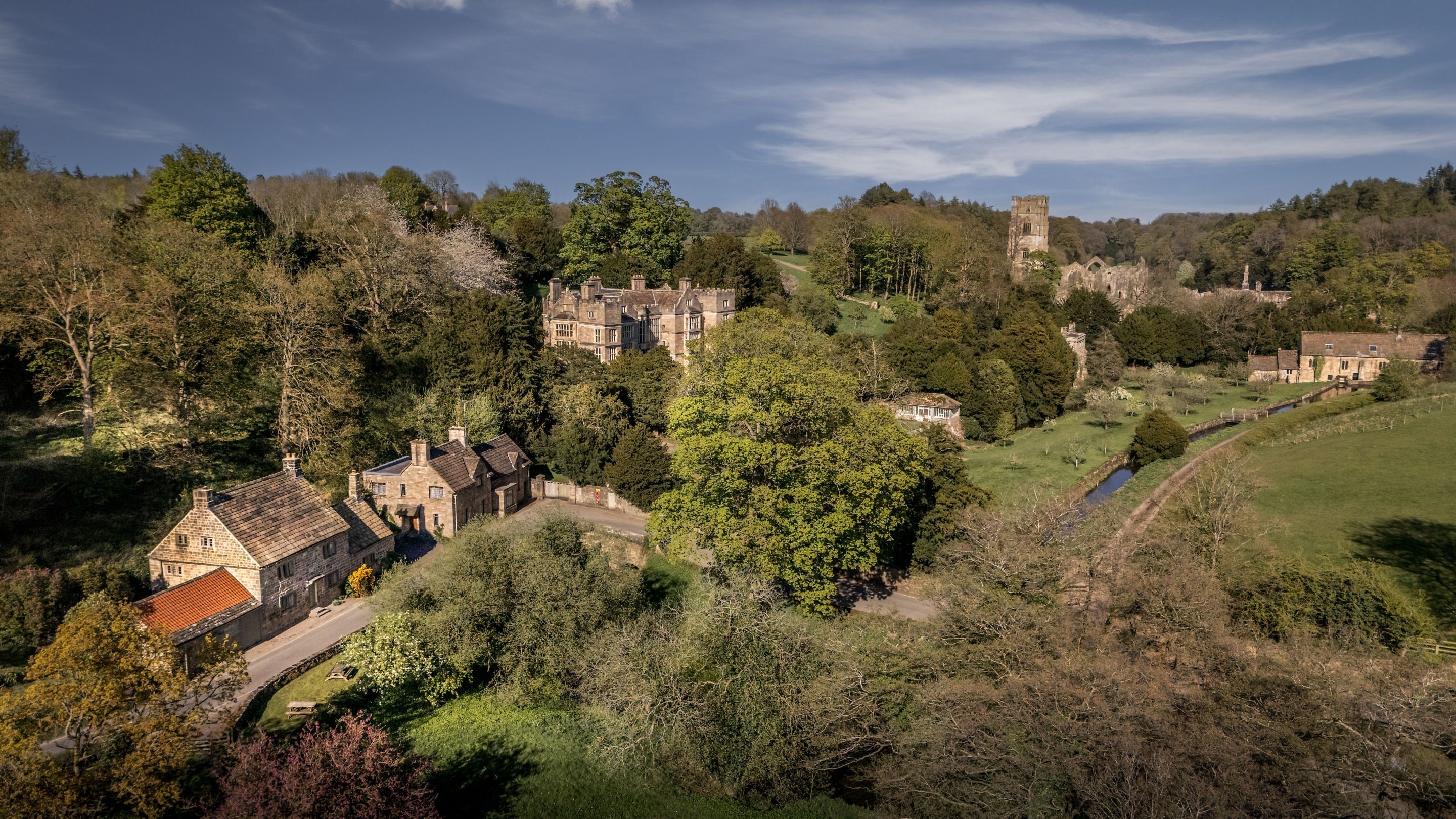 An aerial view of Fountains Cottage, with the Fountains Abbey ruins a short walk away, Yorkshire