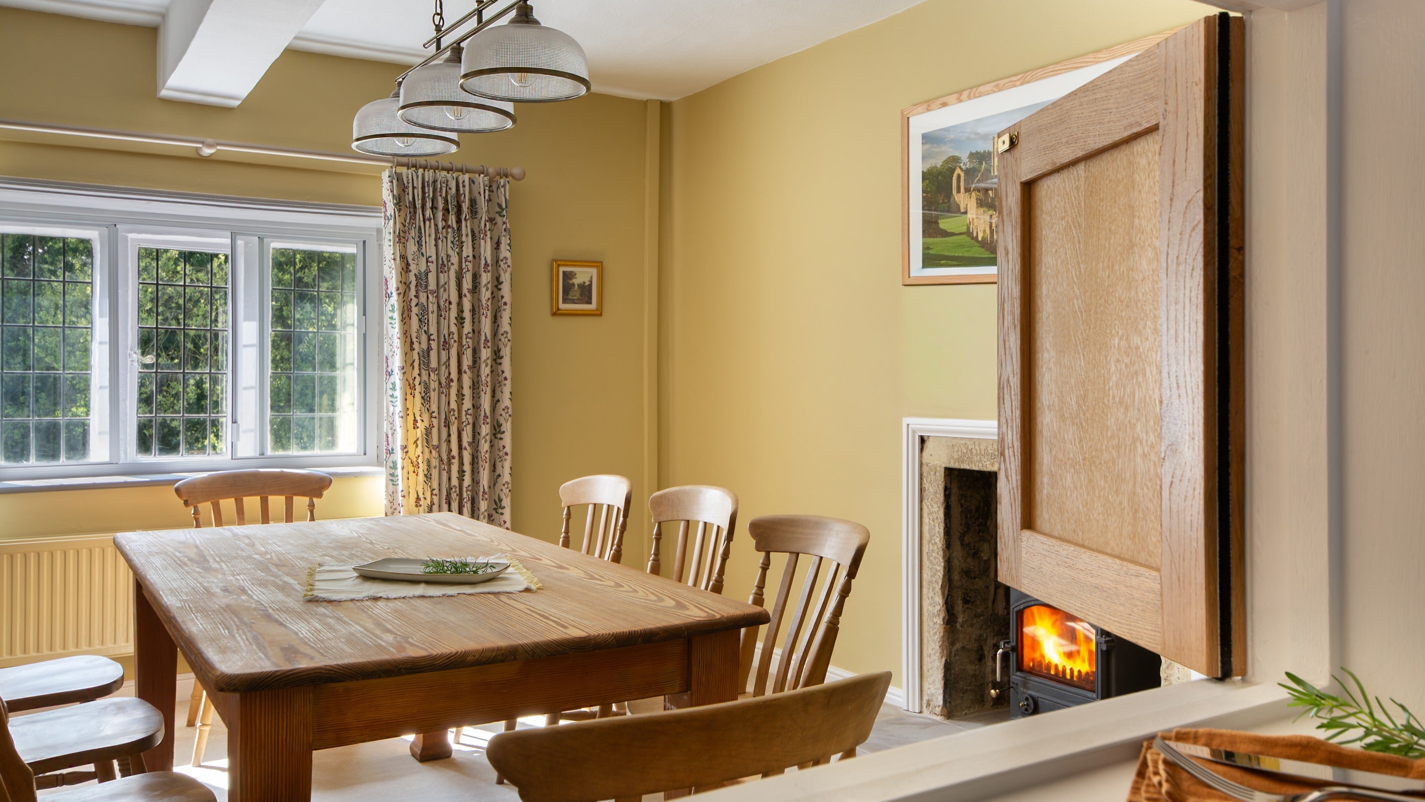 The dining room at Fountains Cottage, viewed through the service hatch from the kitchen, Yorkshire