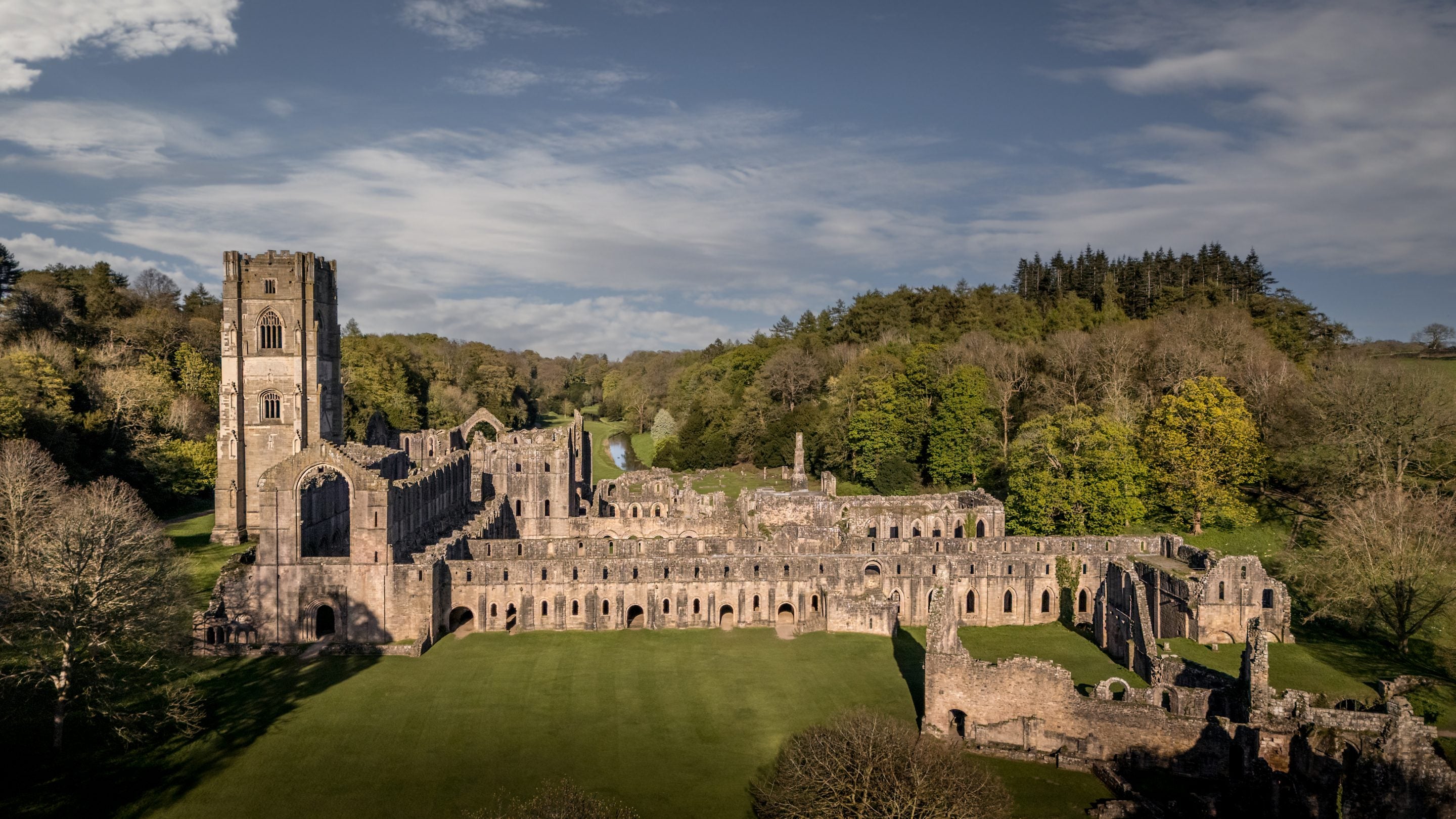 An aerial view of the ruins at Fountains Abbey, Yorkshire