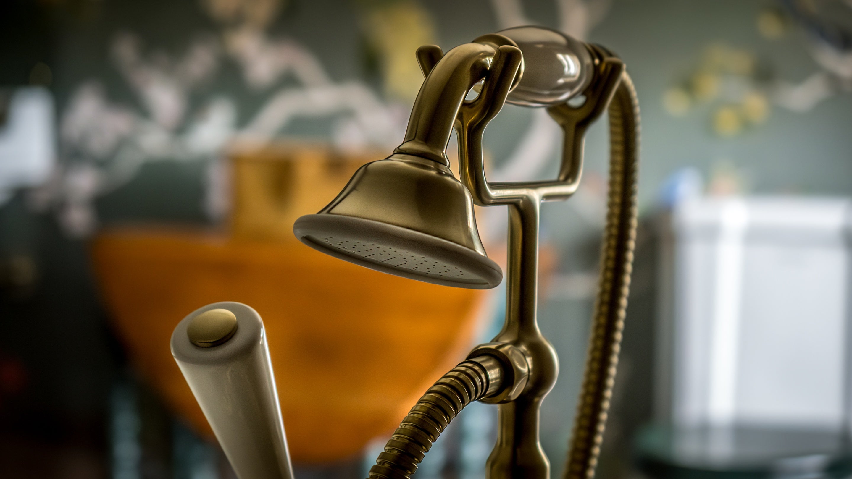 The shower attachment on the roll-top bath in the second-floor bathroom of Fountains Cottage, Yorkshire