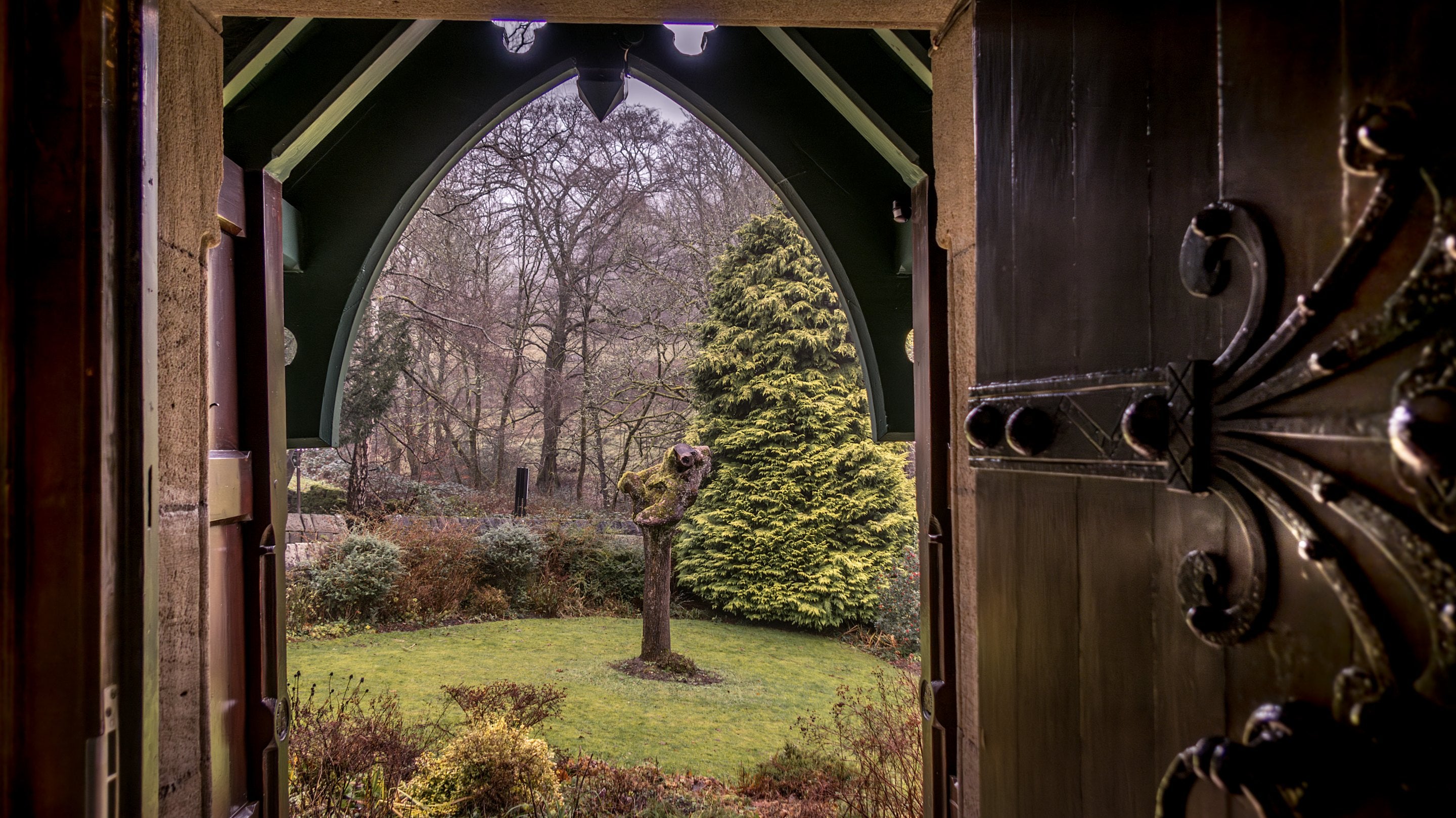 A view of the garden from the front door of Hardcastle Lodge, Yorkshire