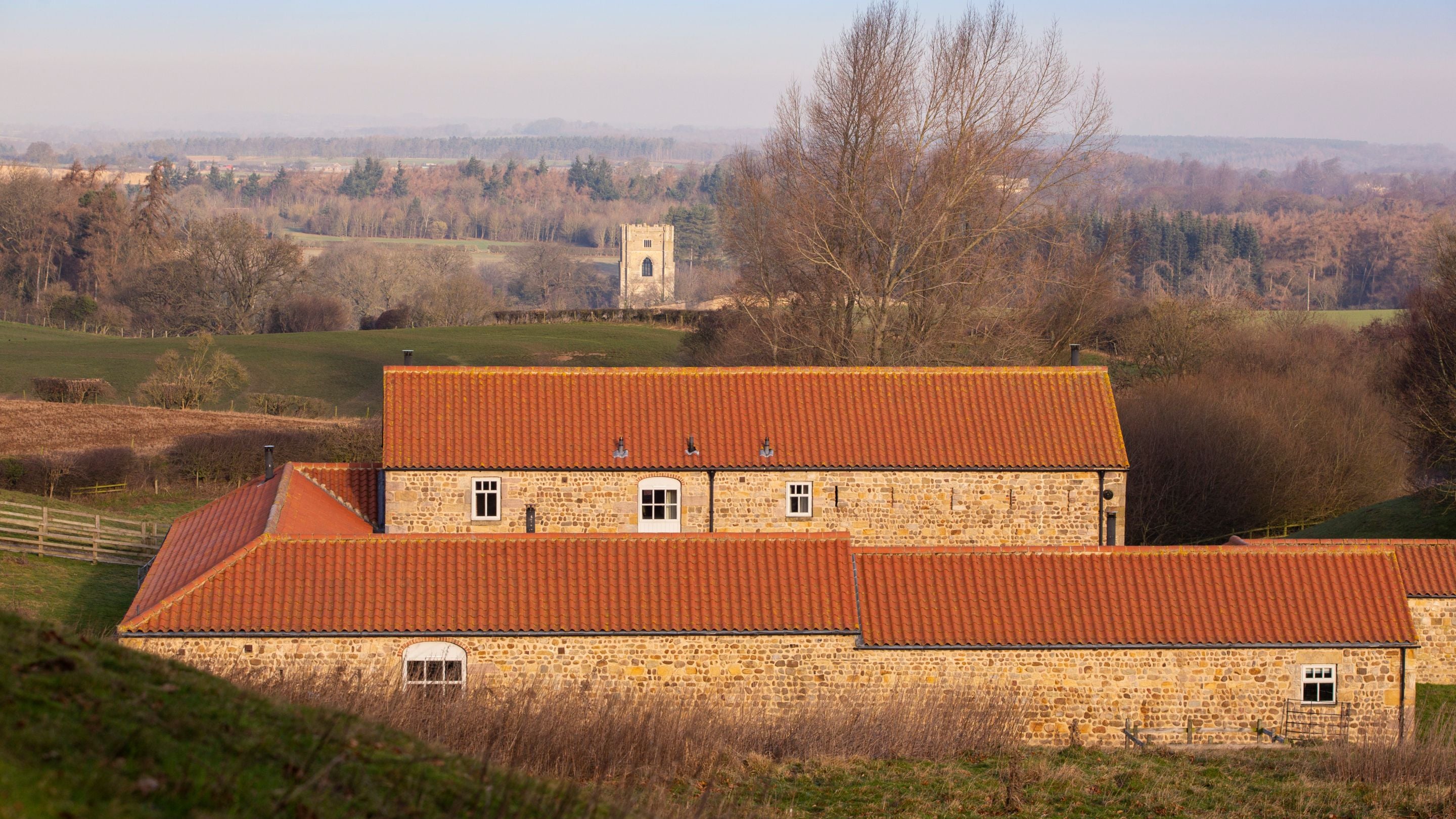 The How Hill cottages and countryside beyond, Yorkshire