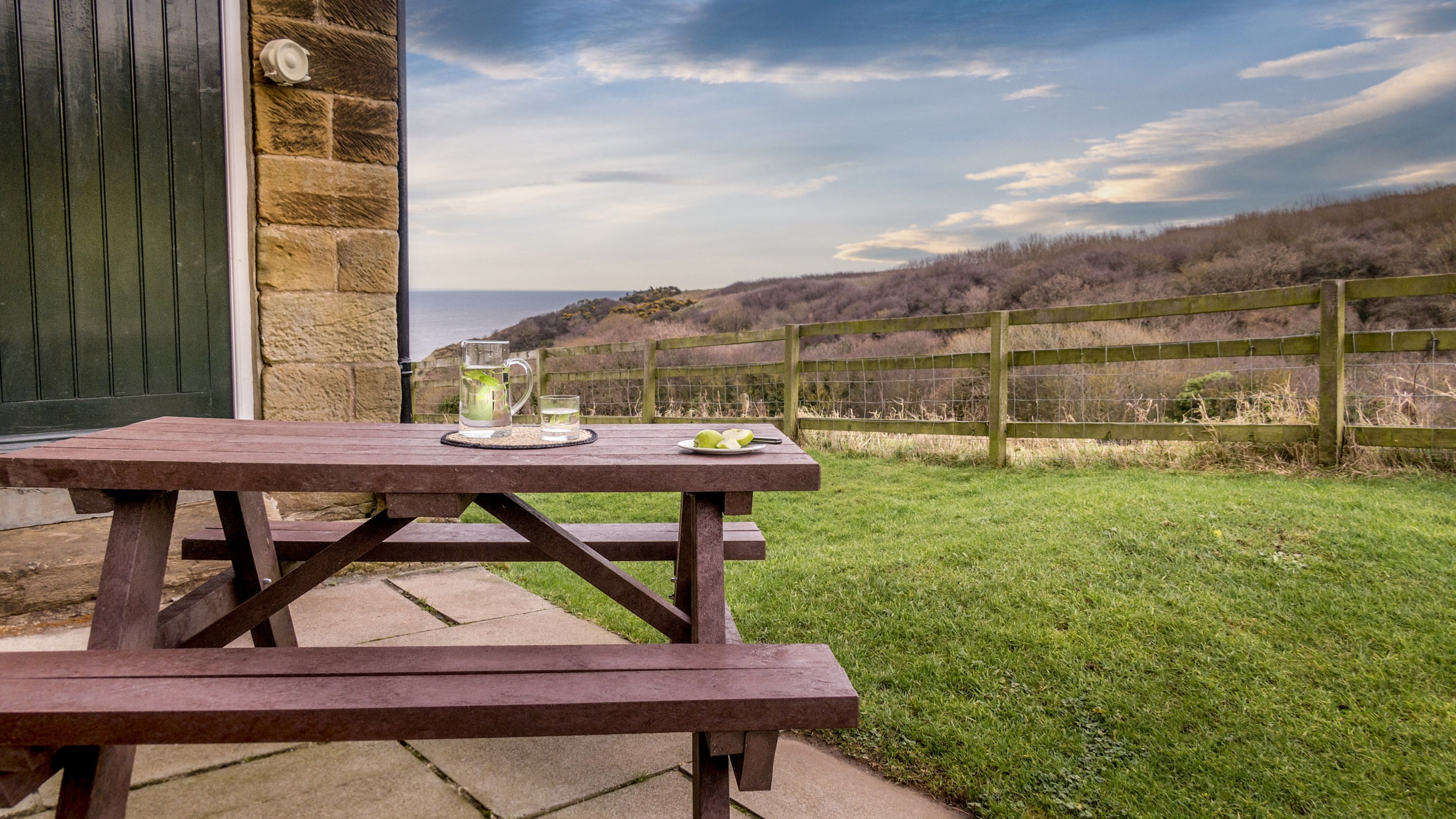 The picnic table in the garden at Low Peak, Yorkshire