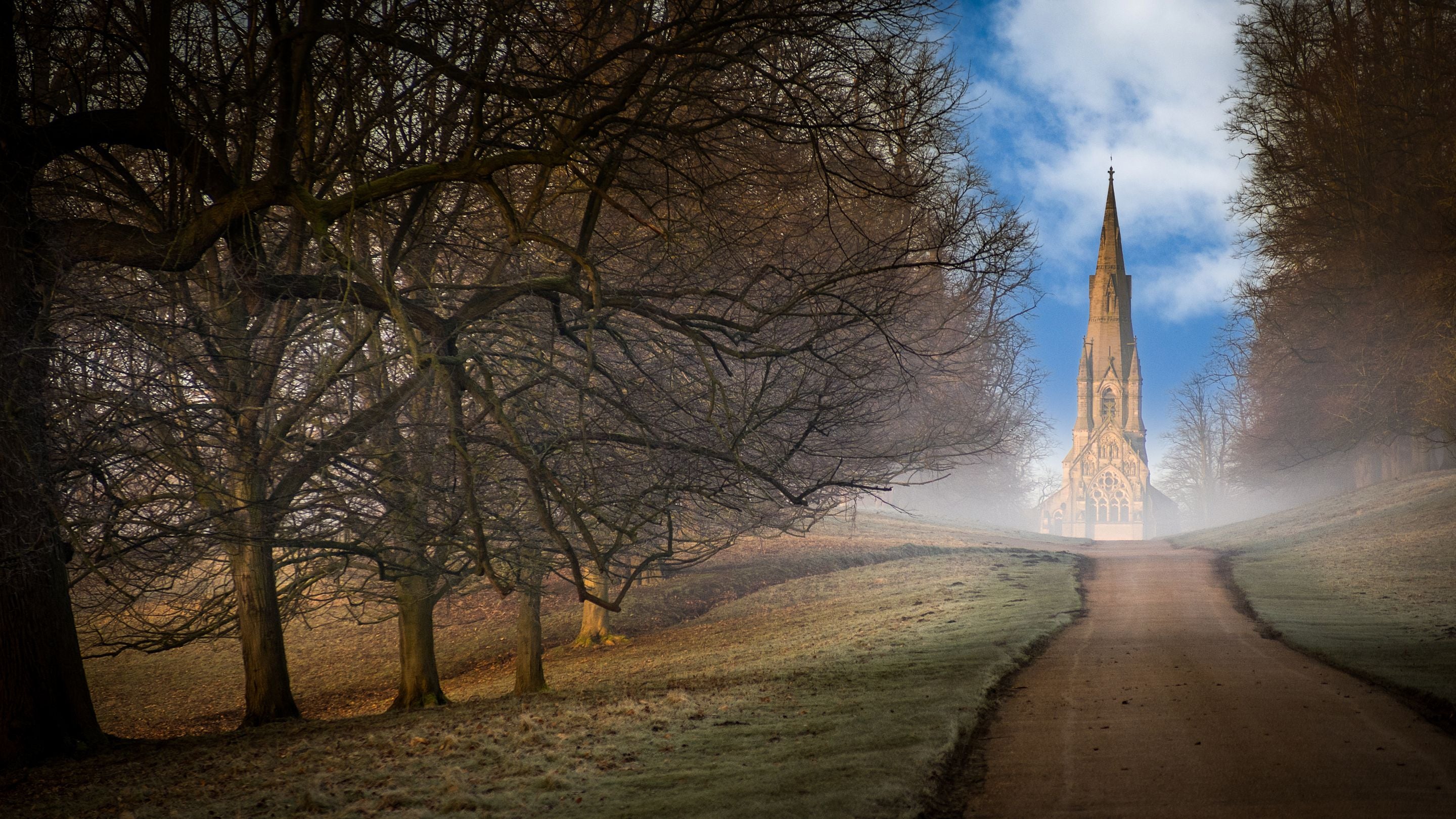 A winter view of St. Mary's Church in Studley Royal Deer Park, near Whitefields Cottage, Yorkshire