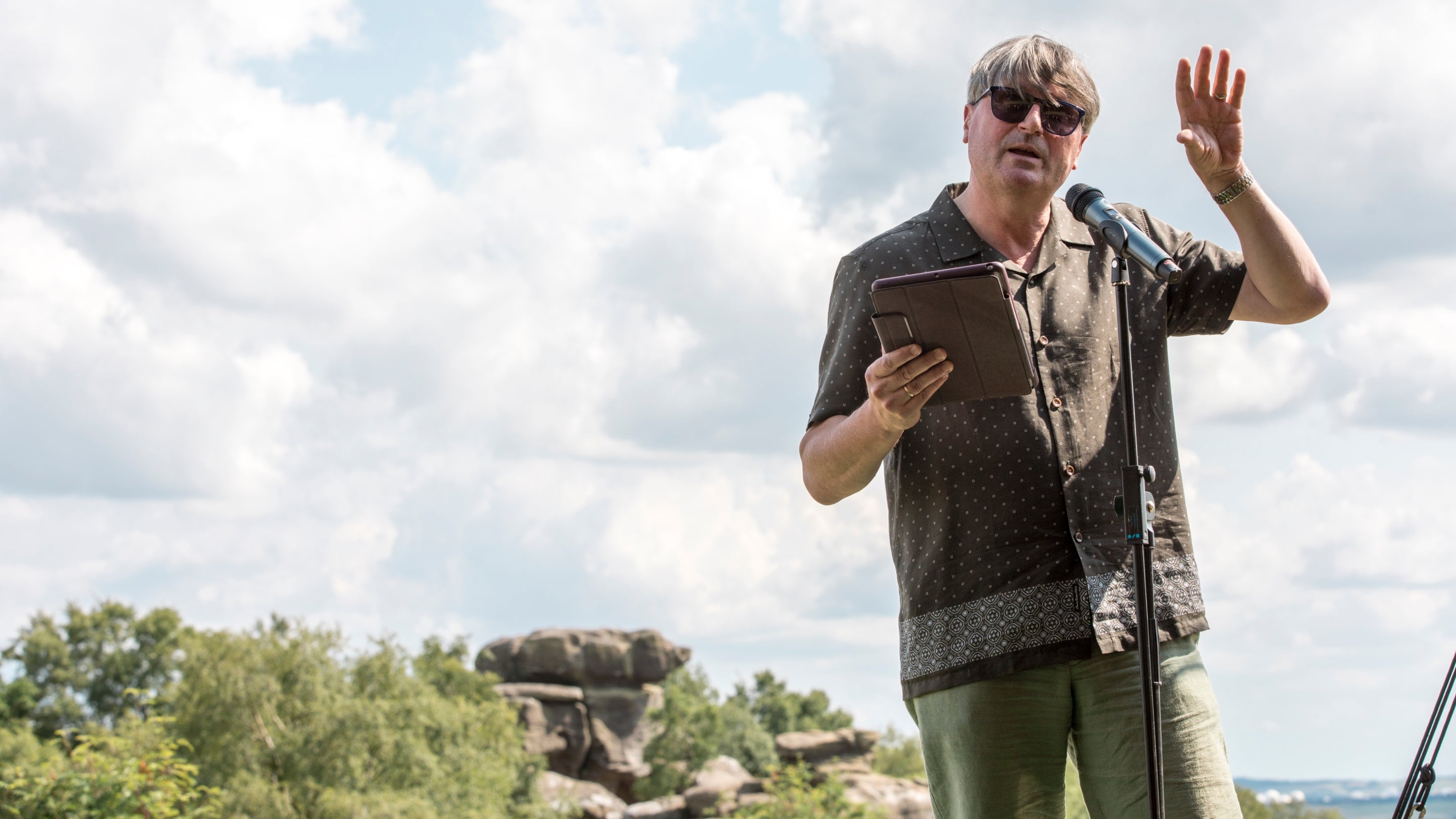 Poet Laureate Simon Armitage speaking at launch event, Brimham Rocks, North Yorkshire