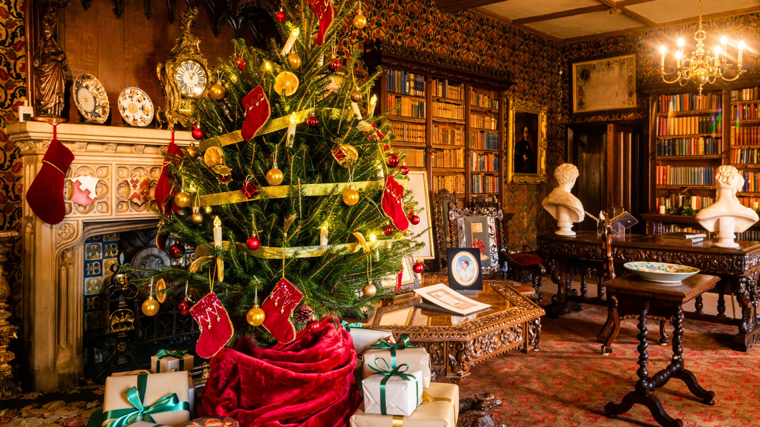 Christmas decoration in the Library in the Hall at Oxburgh Estate, Norfolk