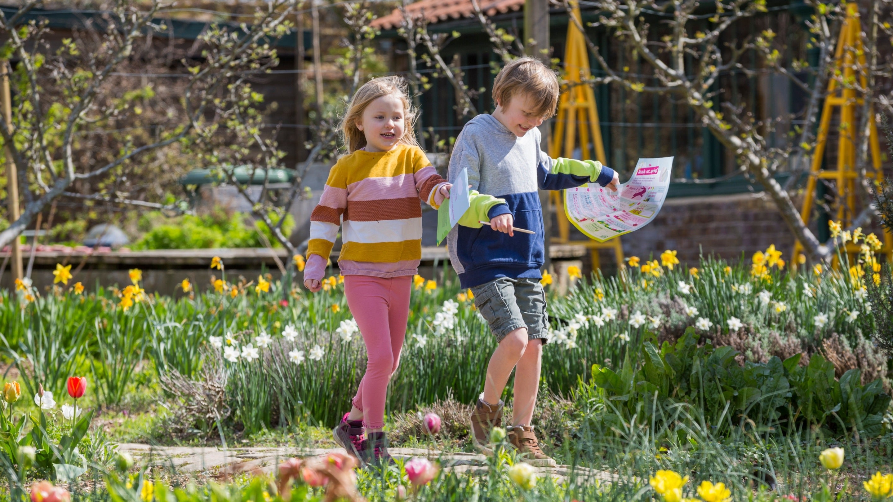Two children walk down a path surrounded by daffodils doing the Easter trail at Osterley Park and House, West London