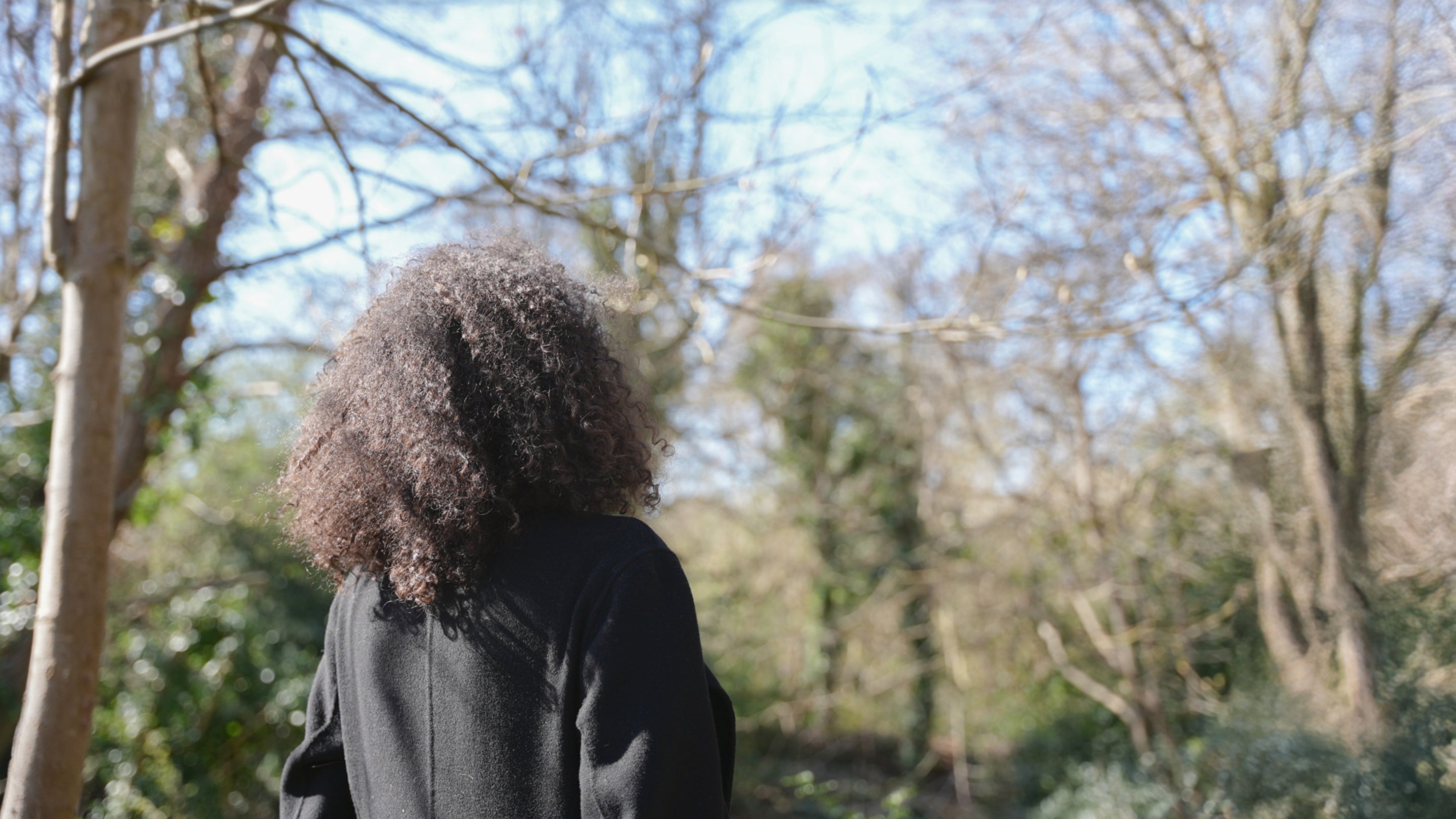 A girl with her back to us looking into a forest