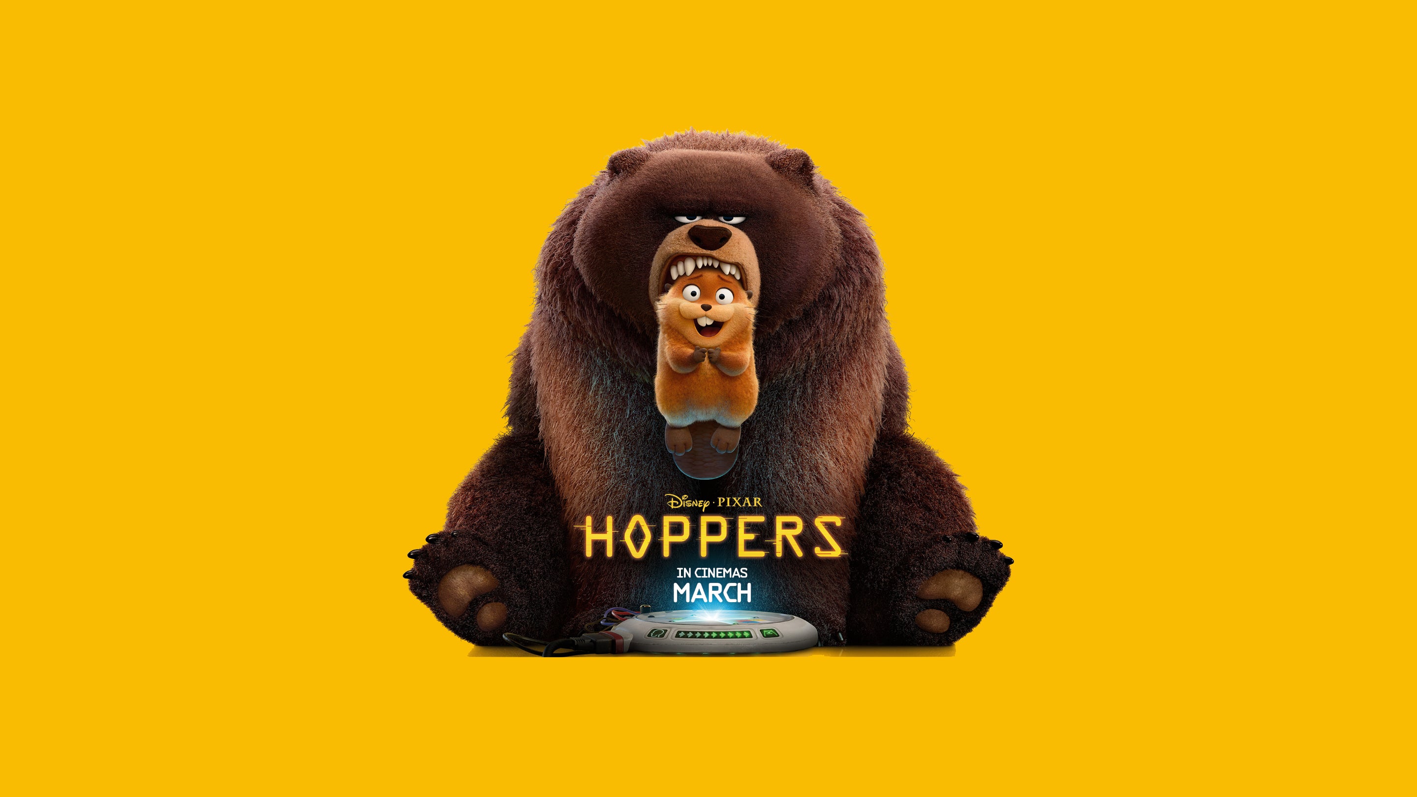 Bear and beaver characters on a poster for Disney and Pixar’s film Hoppers, out in March