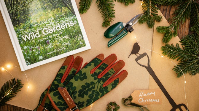 Gardening-inspired gifts from the AW 2024 collection, including a Wild Gardens book