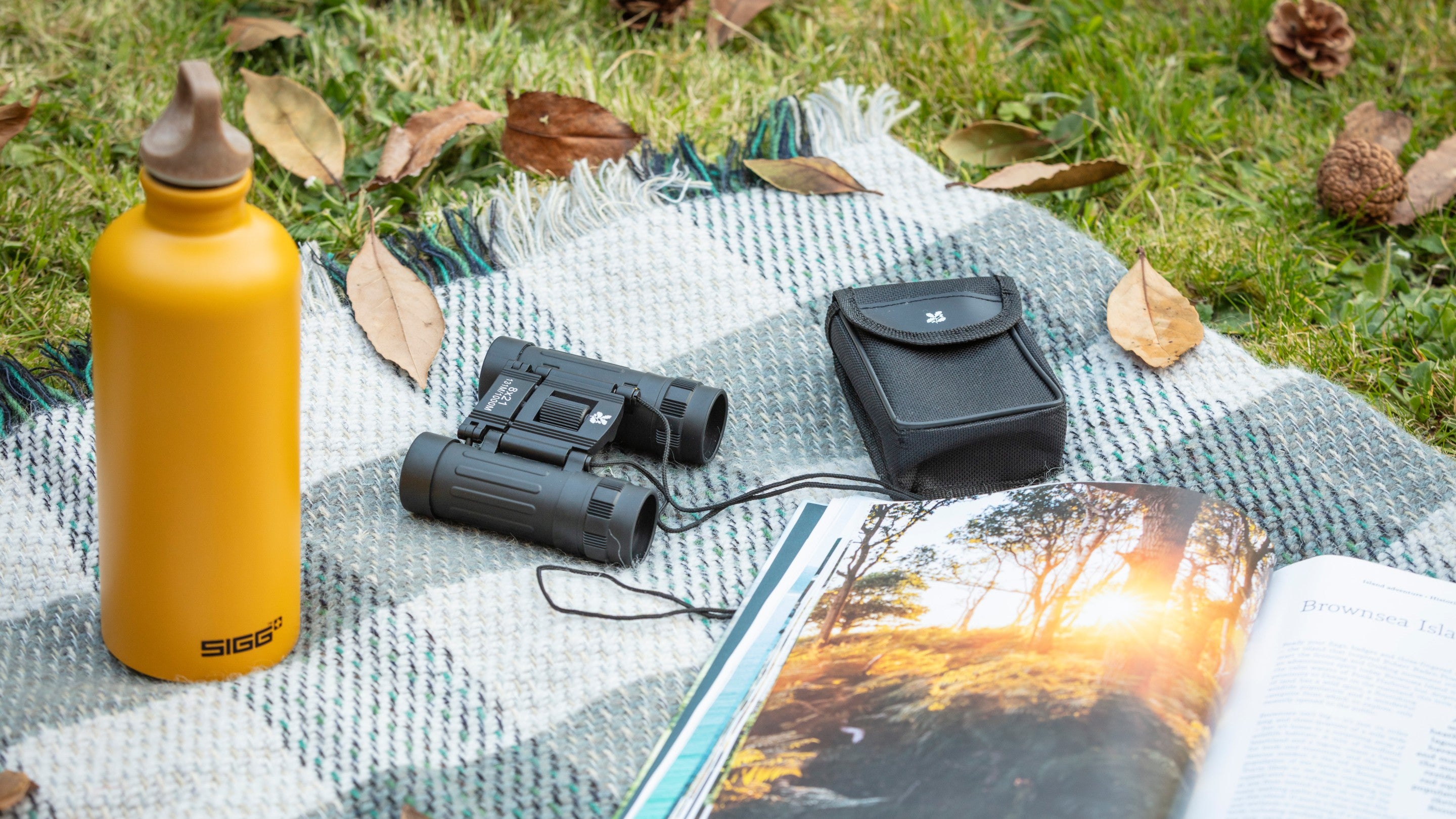 A yellow water bottle, pair of binoculars and an open book showing an autumnal scene all displayed on a blue picnic rug, surrounded by autumnal leaves on the ground