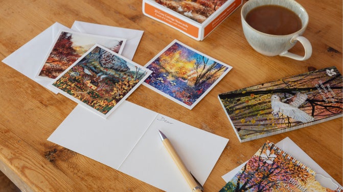 A selection of notecards with autumnal designs.