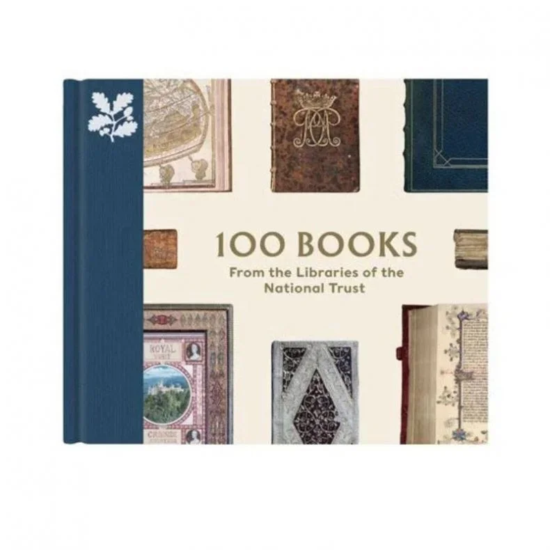 Book cover for 100 Books From the Libraries of the National Trust, featuring images of historic books and manuscripts.