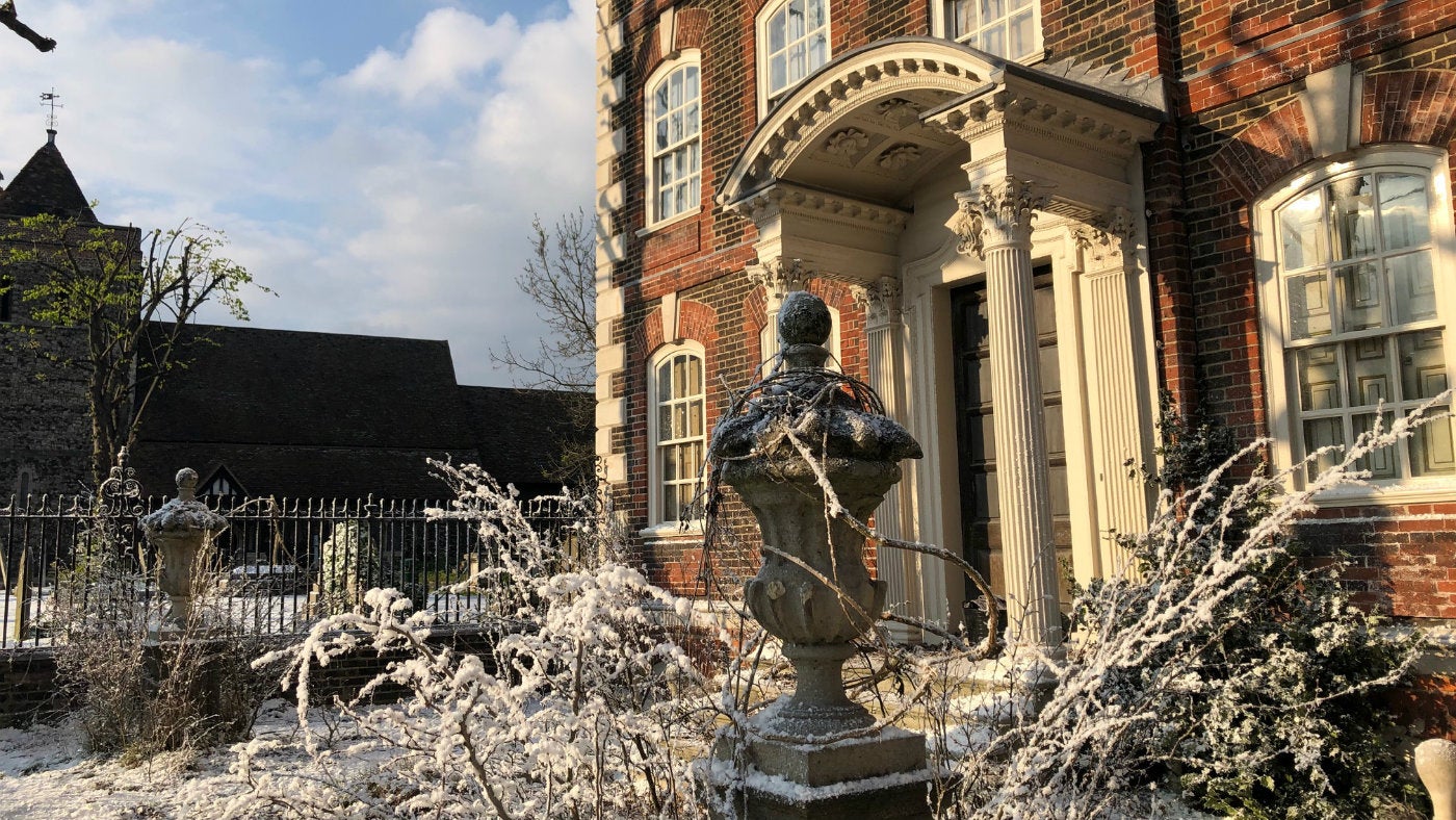 A Wintery scene outside Rainham Hall for the BBC's A Christmas Carol using artificial snow and shrubbery
