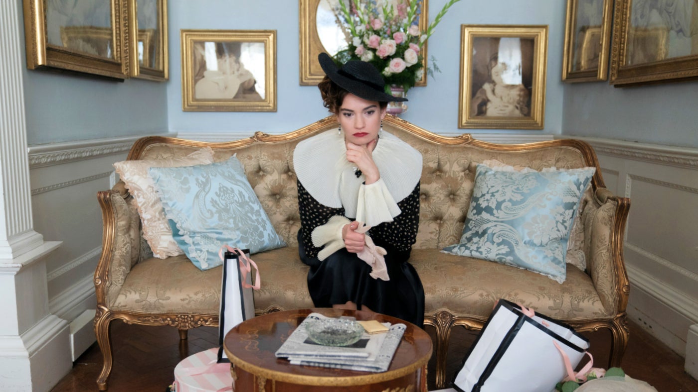 Lily James on the set of The Pursuit of Love at Stourhead, Wiltshire