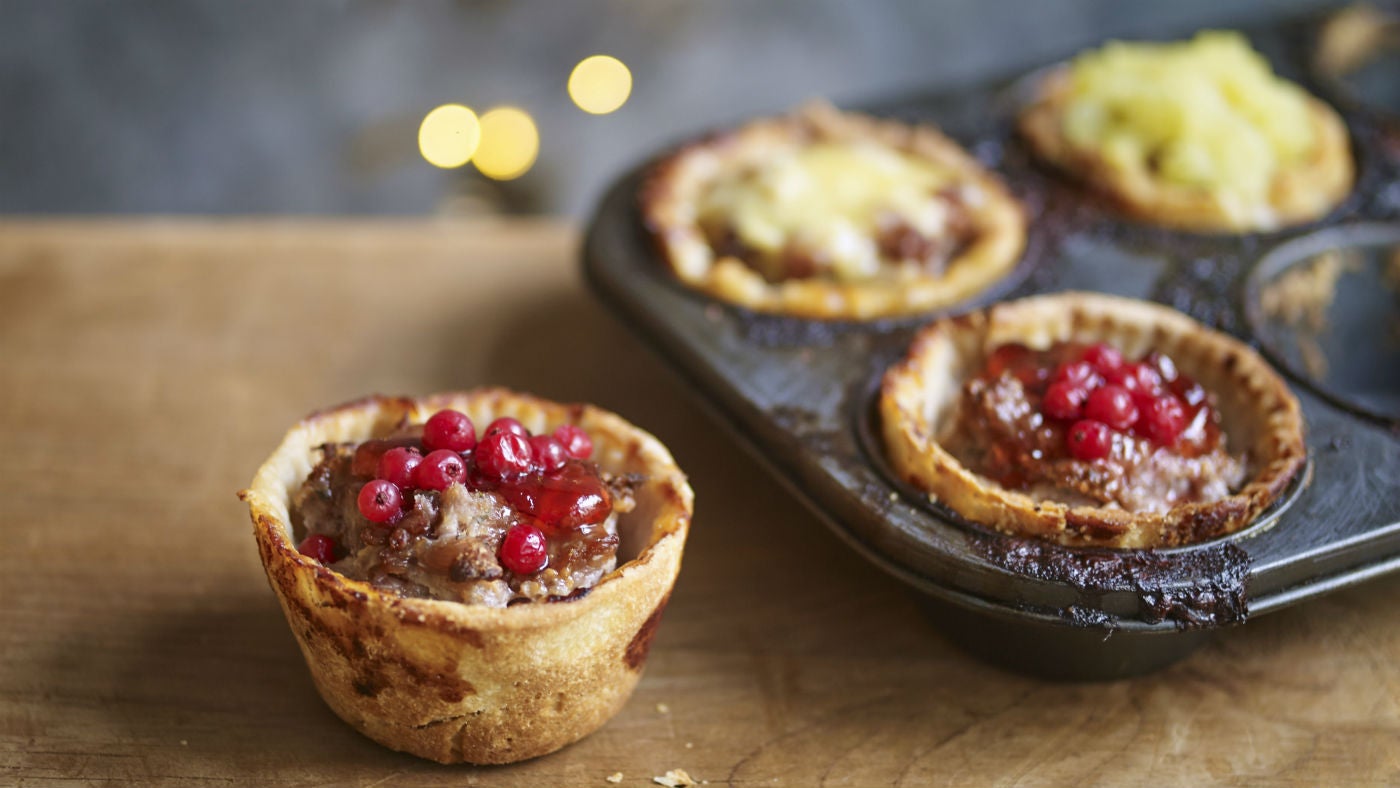 Festive pork pies topped with apple, redcurrant and Stilton