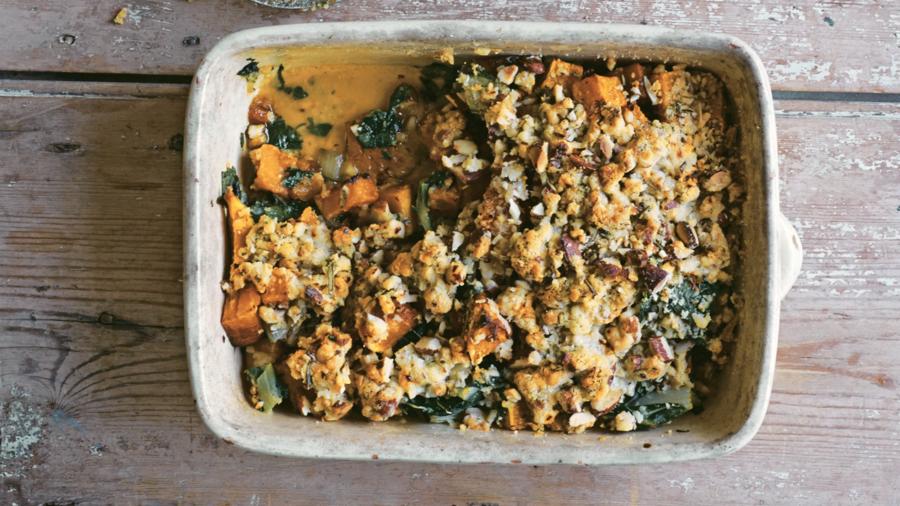 Pumpkin, Chard, Feta and Almond Crumble