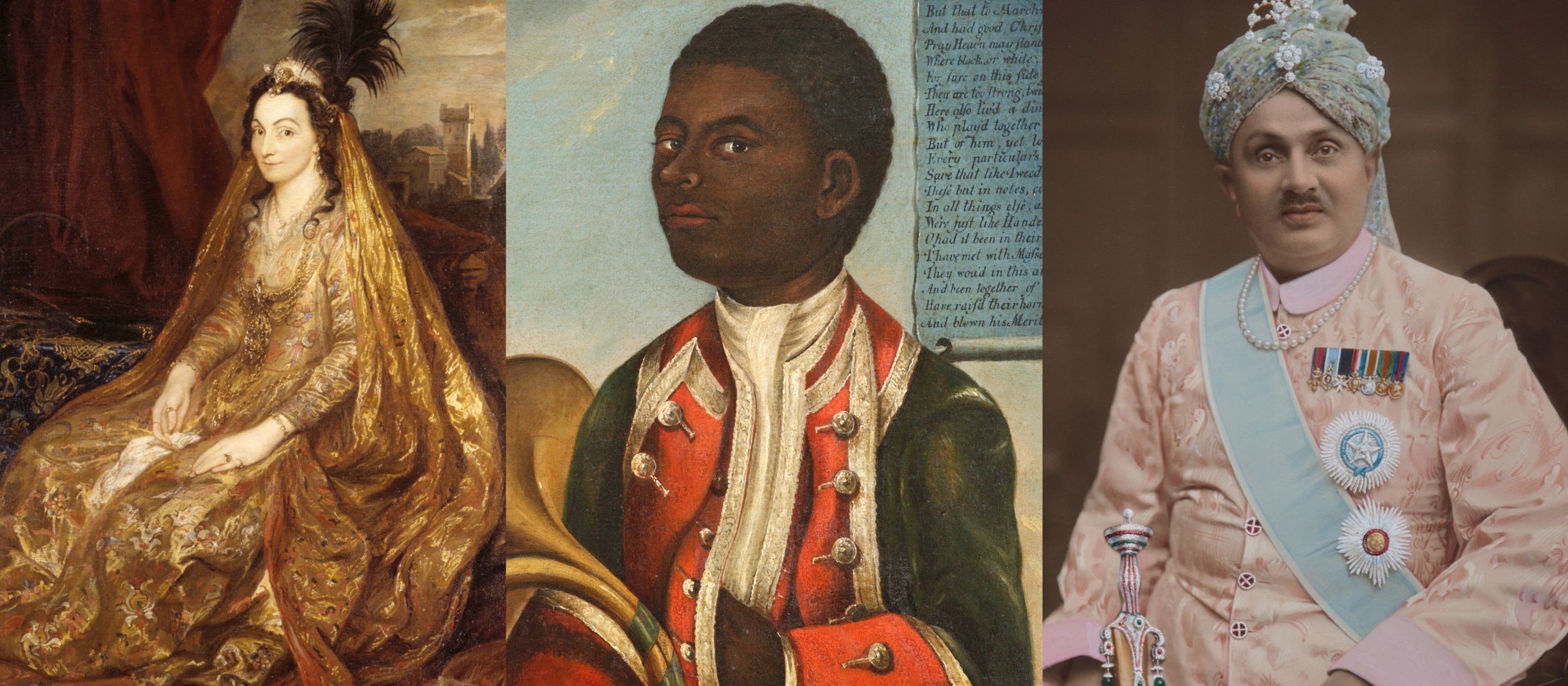 A series of three portraits - two painting and one photo, of three people of different ethnicities in fancy clothes. Below the image is a link to the National Trust's article on its historical links to colonialism and slavery.