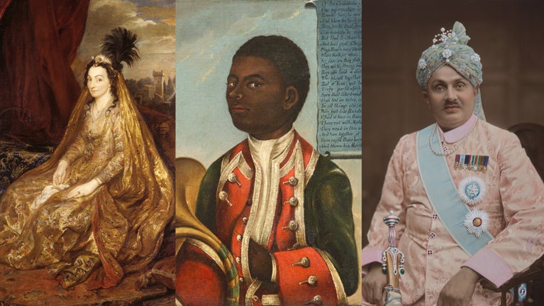 A collage image containing three artworks: a painting of Teresia, Lady Shirley by Van Dyke at Petworth House; an oil painting of a young coachman at Erddig; and a photograph of the Maharaja Jam Sahib of Nawanagar at Polesden Lacey. A collage image containing three artworks: a painting of Teresia, Lady Shirley by Van Dyke at Petworth House; an oil painting of a young coachman at Erddig; and a photograph of the Maharaja Jam Sahib of Nawanagar at Polesden Lacey.
