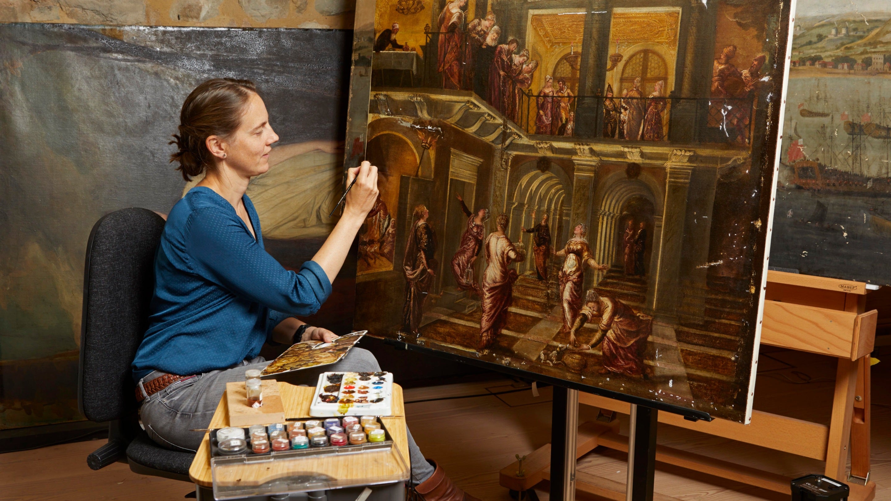 Conservation of Tintoretto's painting 'The Wise and Foolish Virgins' at the Royal Oak Conservation Studio, Knole, Kent