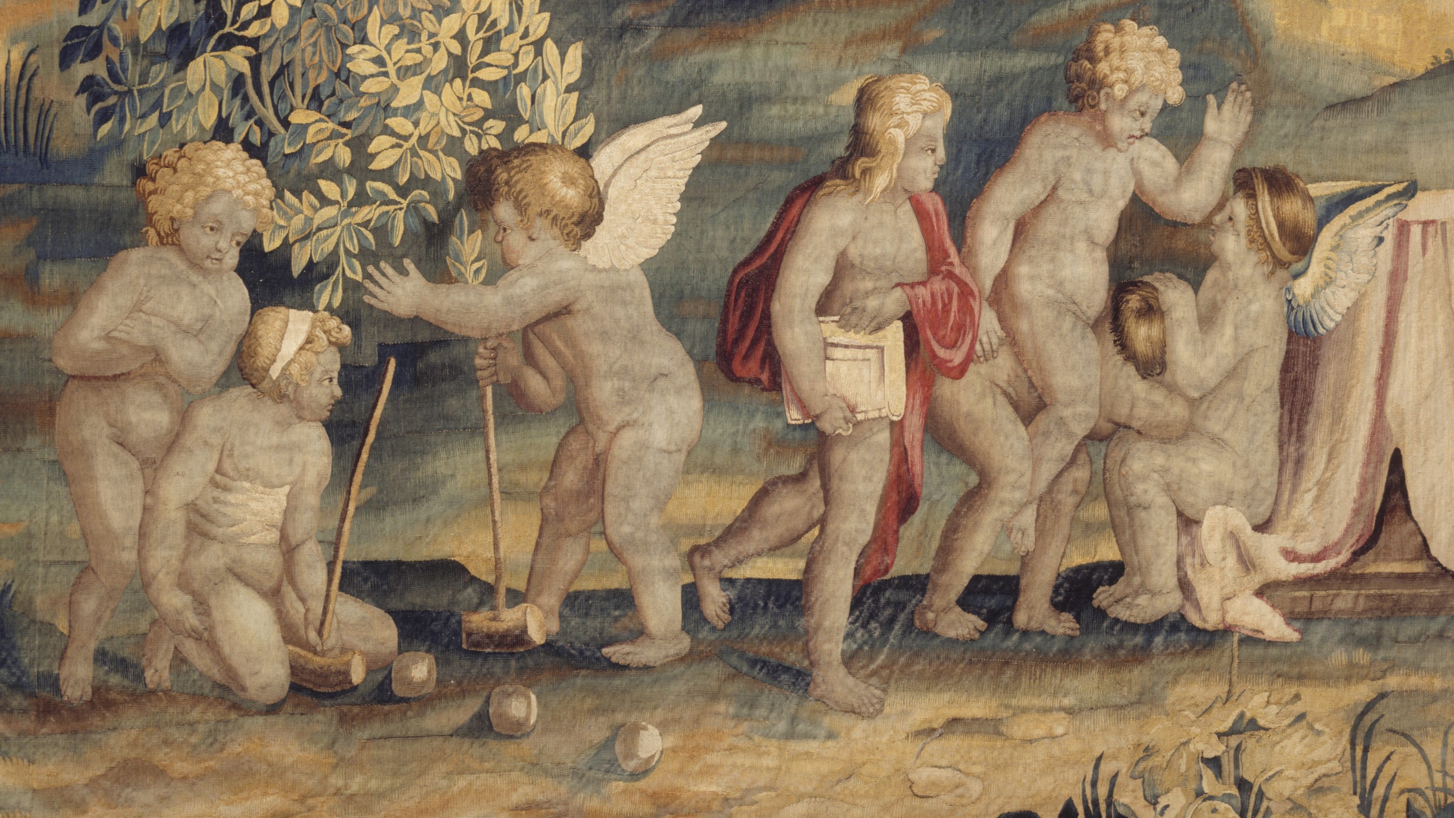 Close up to detailing of angels playing croquet seen on one of the Hatton Garden Tapestries at Hardwick Hall, Derbyshire