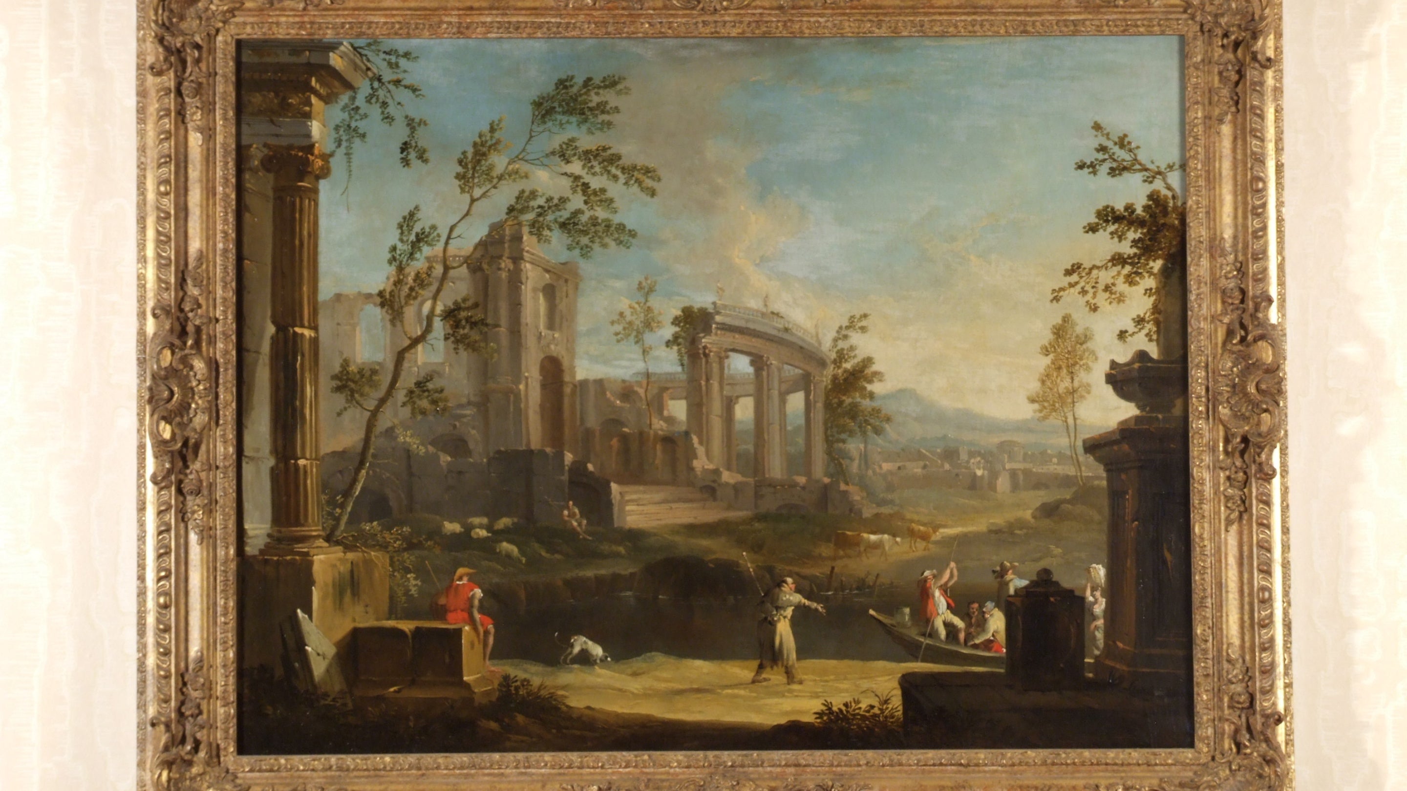 An 18th-century oil painting of a pilgrim hectoring people in a barge