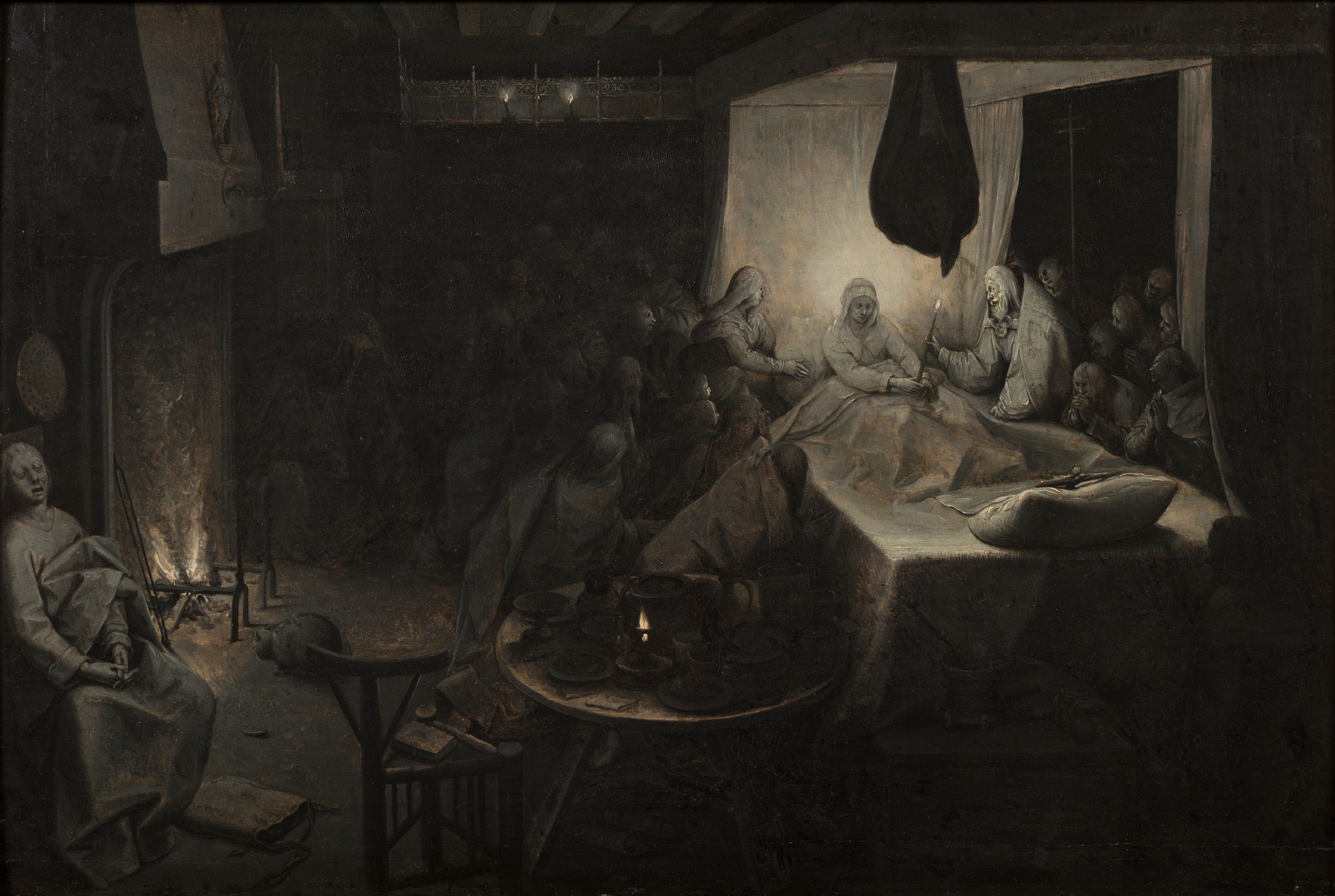 A very dark oils painting that is almost black and white depicting a person sitting up in bed, illuminated by candles surrounded by onlookers.