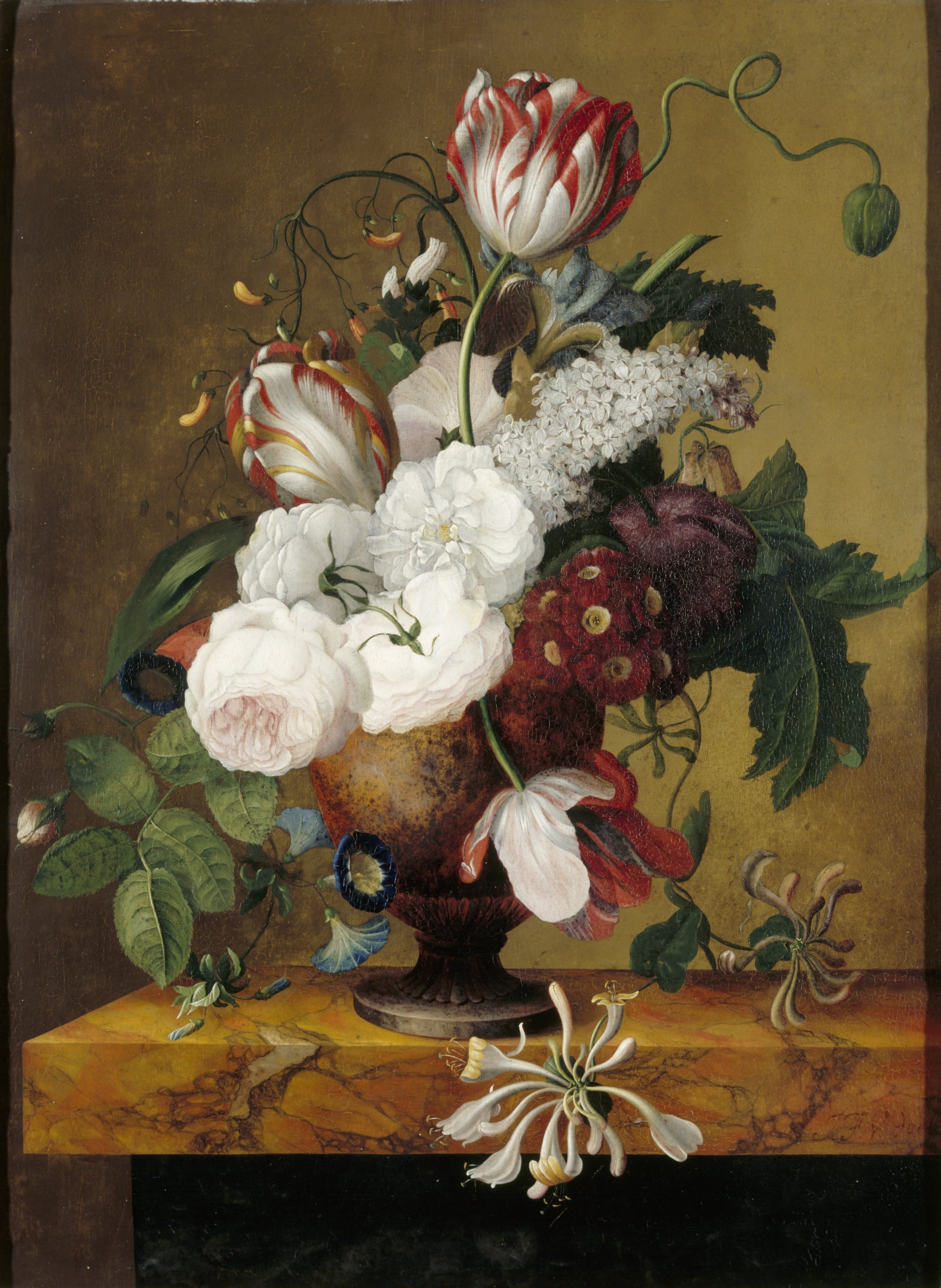 Oil painting of tulips, honeysuckle, peonies and roses in mottled urn, on a siena marble slab, by Jan Frans van Dael