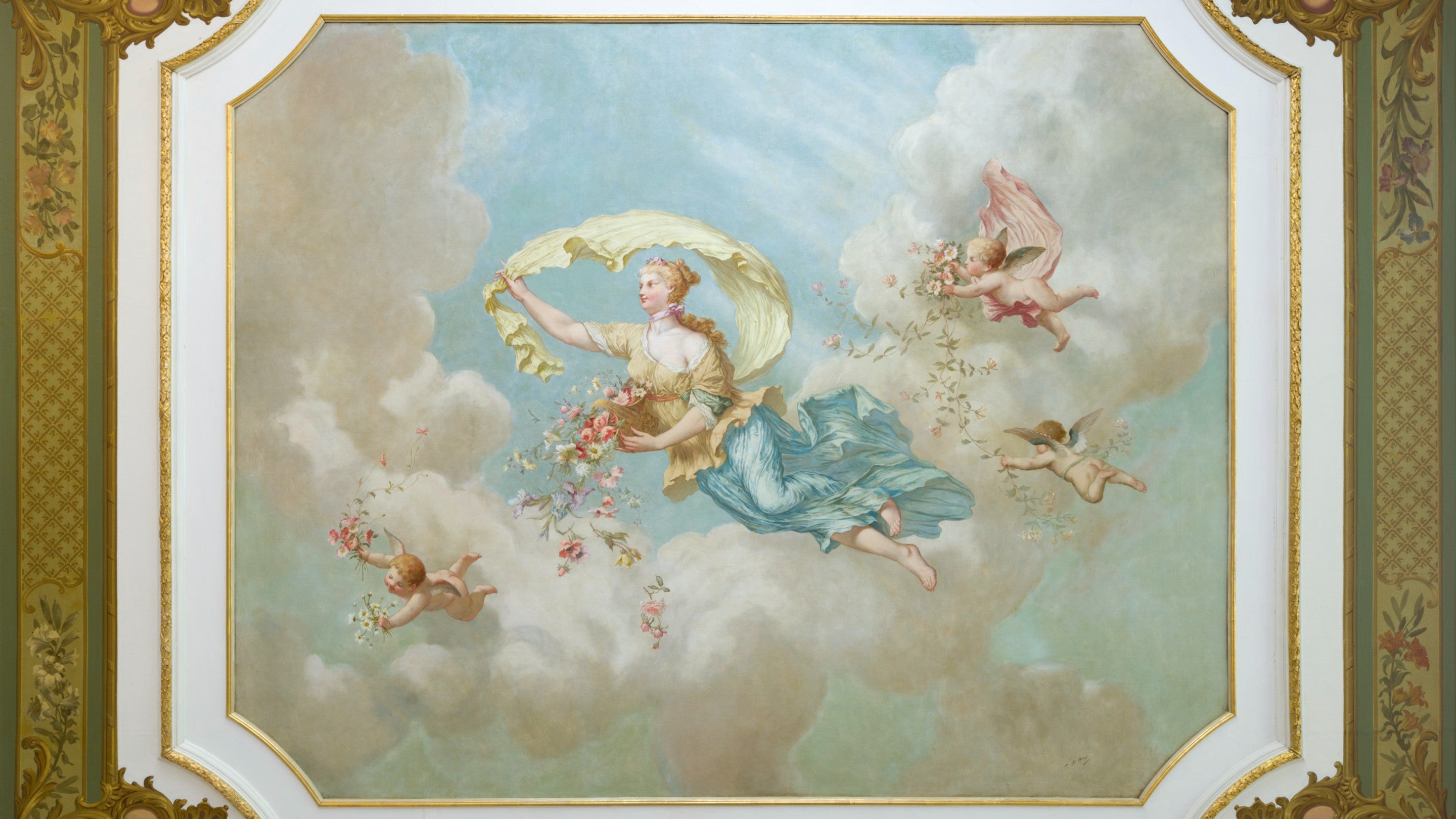Painted design of a flying figure on the ceiling of the Blue Drawing Room at Dyffryn House and Gardens, Vale of Glamorgan