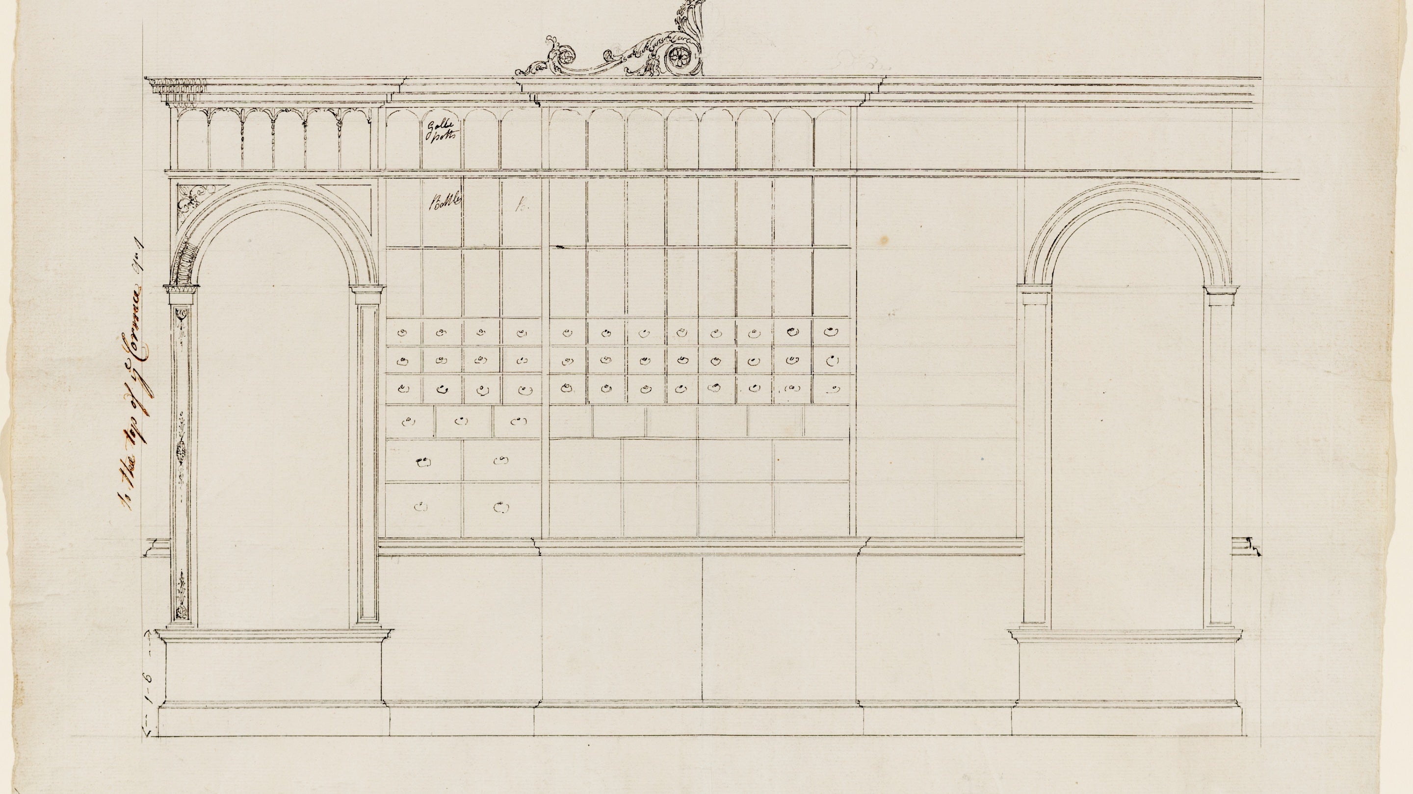 Design for a wall of an Apothecary's shop at Nostell Priory (circa 1775) by Thomas Chippendale at Nostell, West Yorkshire