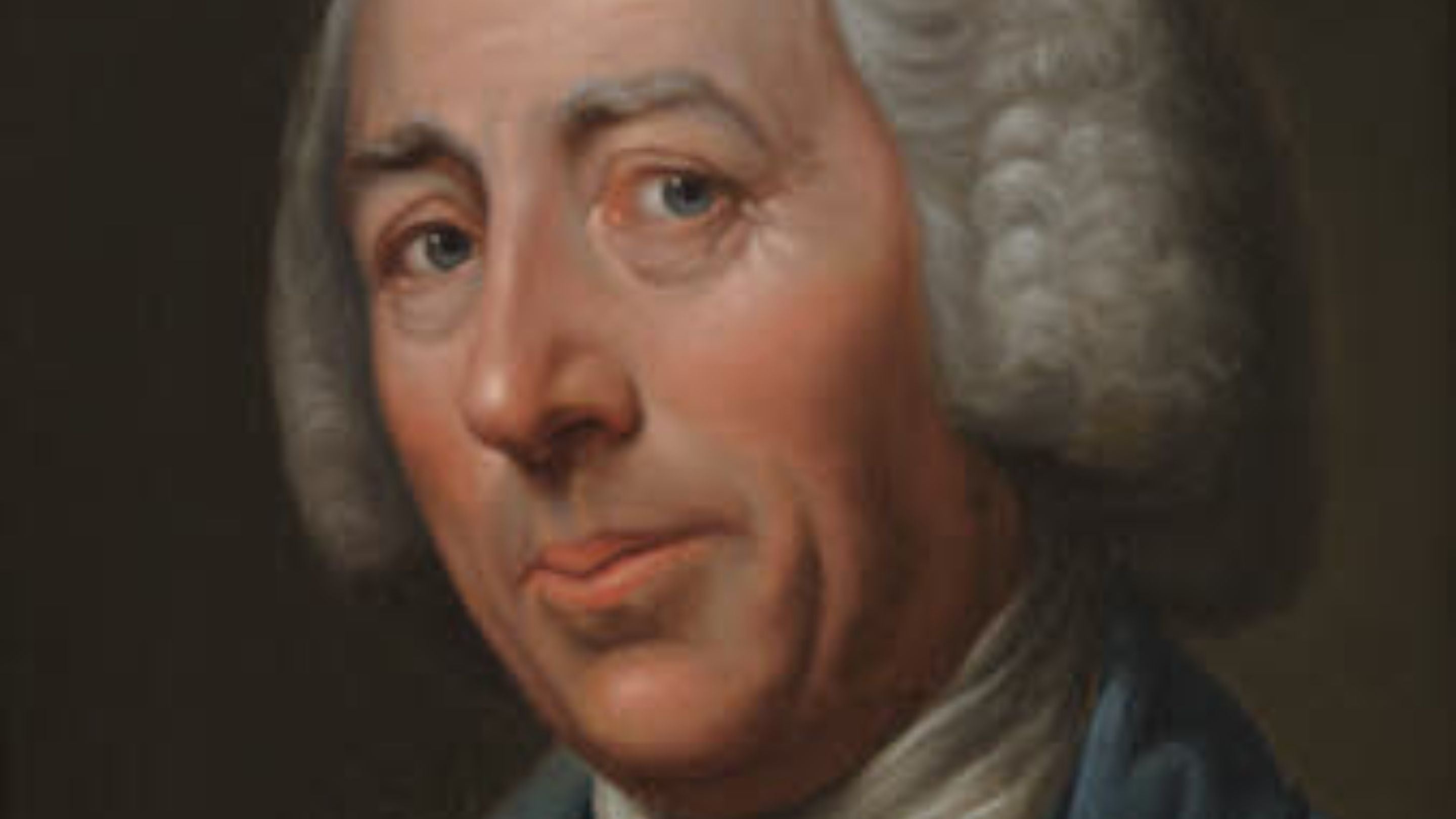 Oil painting on canvas, Lancelot (`Capability?) Brown (1715?1783, after Sir Nathaniel Dance-Holland RA (London 1735 ? Winchester 1811), circa 1775. A head-and-shoulders portrait of a man, tuirned to the left, gazing at the spectator, wearing a blue jacket and white cravat, grey powdered wig.