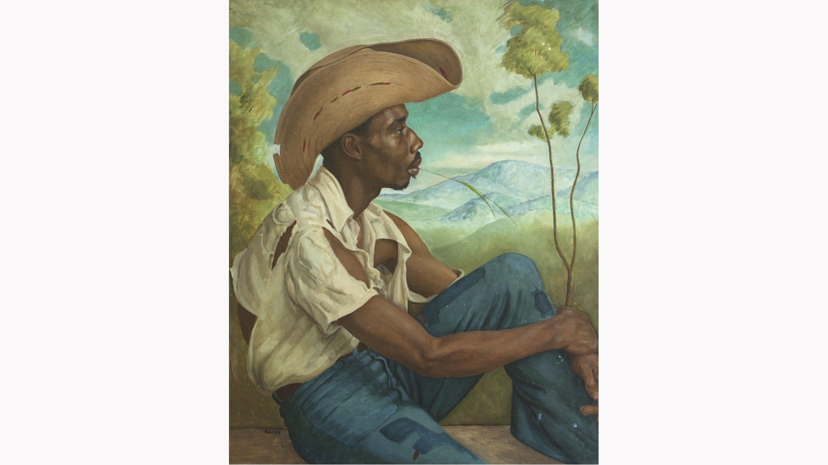 A painting of a man sitting, chewing a piece of grass