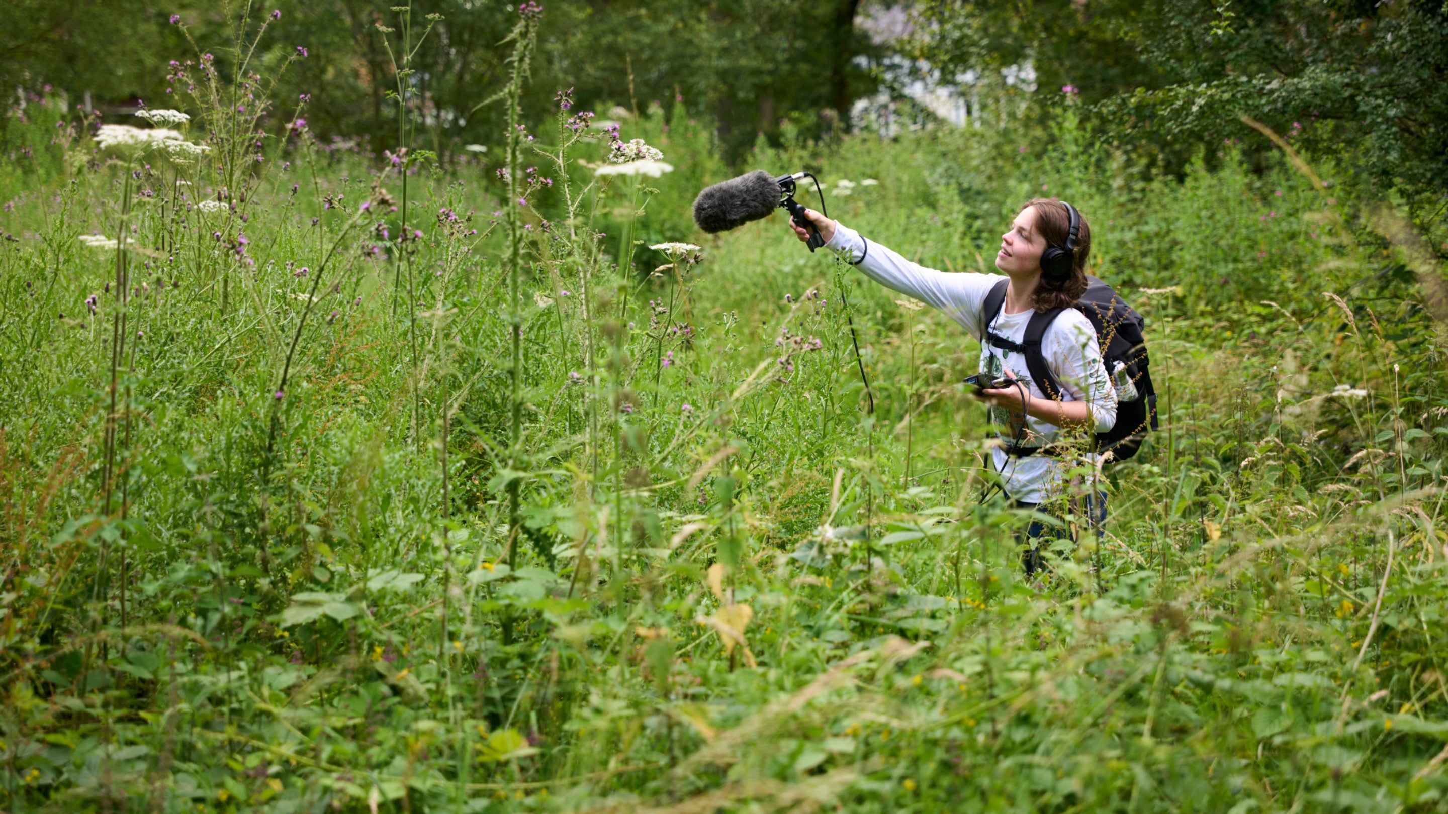 Podcast recording among long grass and greenery with trees in the background at Harewoods and Outwood in the Surrey Hills, Surrey