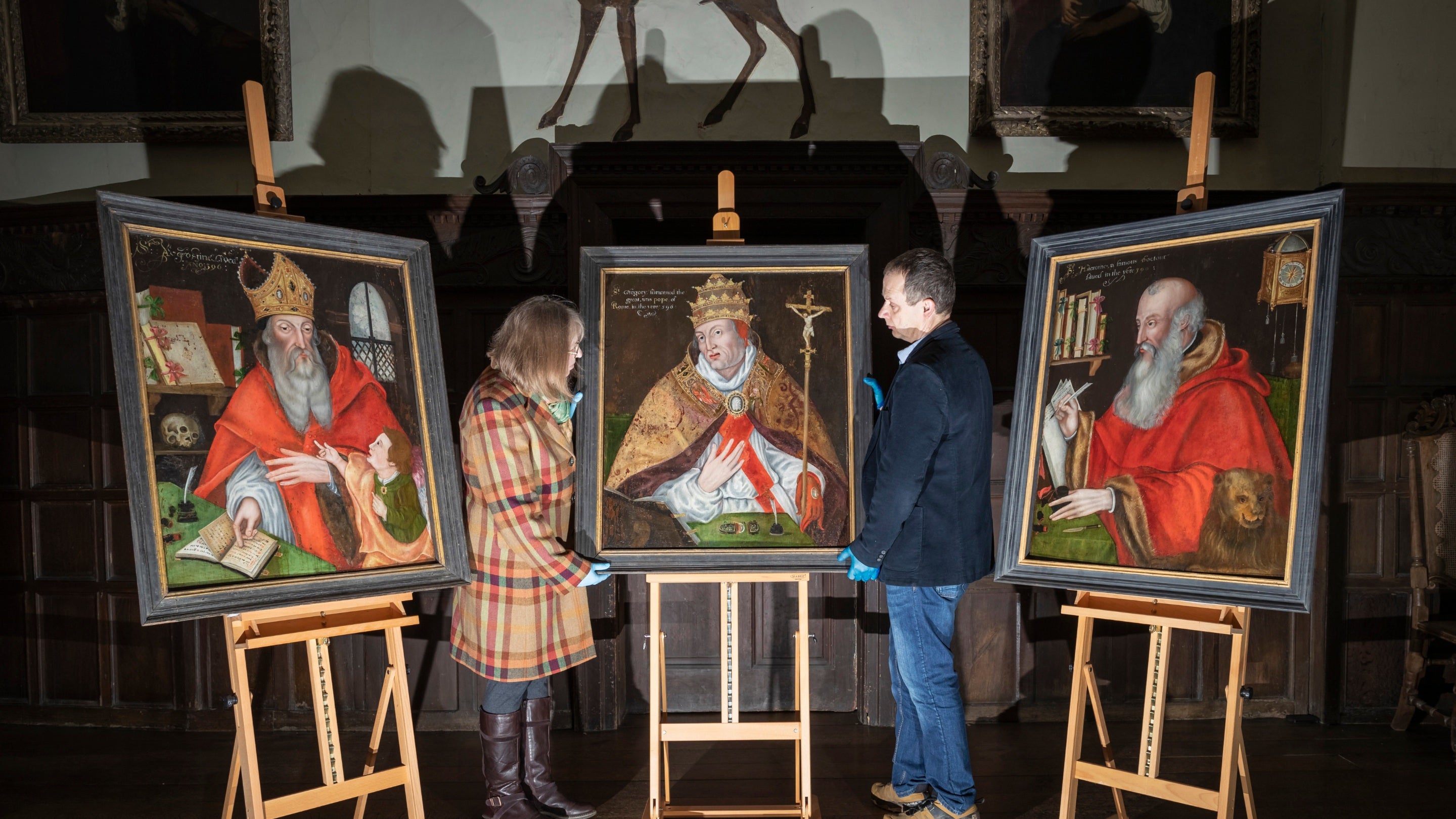 Three oil paintings on panel from Four Fathers of the Church (after Maarten de Vos), British (English) School, late 16th century. Featuring Saint Jerome, Saint Augustine and Pope Gregory I.
